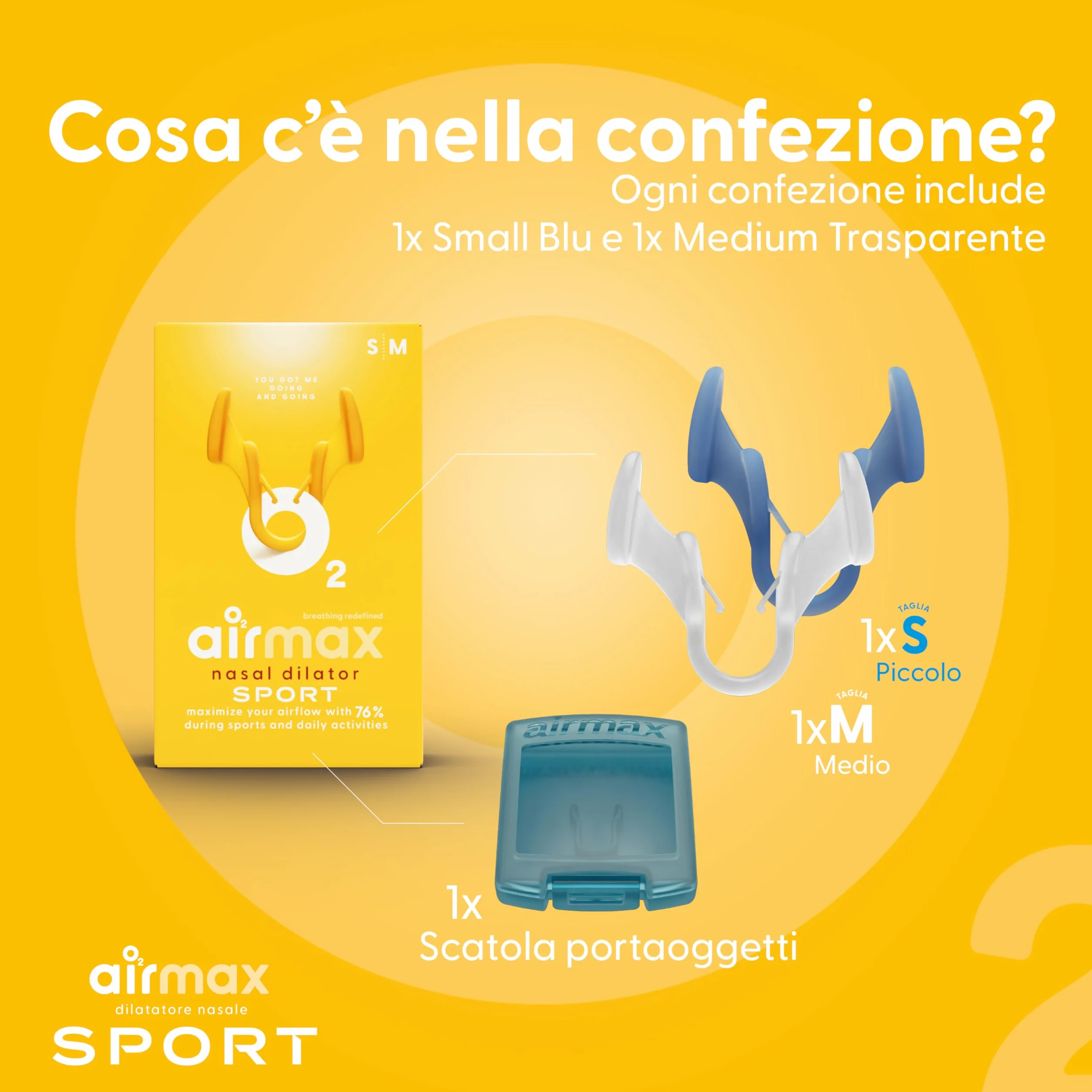 Airmax Sport Trial Pack Dilatatori Nasali Unisex Blu S Trasparente M Migliorano Flusso d'Aria