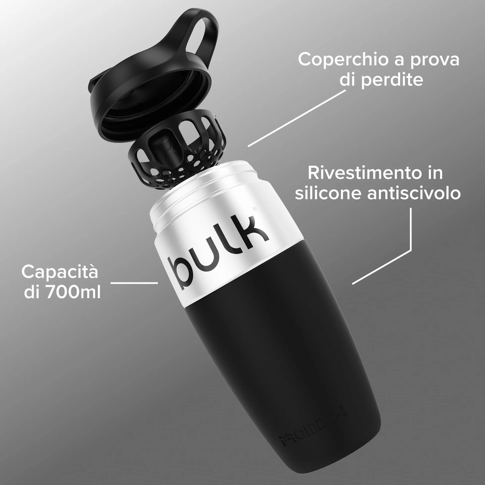 Promixx Shaker Acciaio Inox 700ml Nero - Agitatore Snap-Fit Antiperdita Design Robusto Antiscivolo