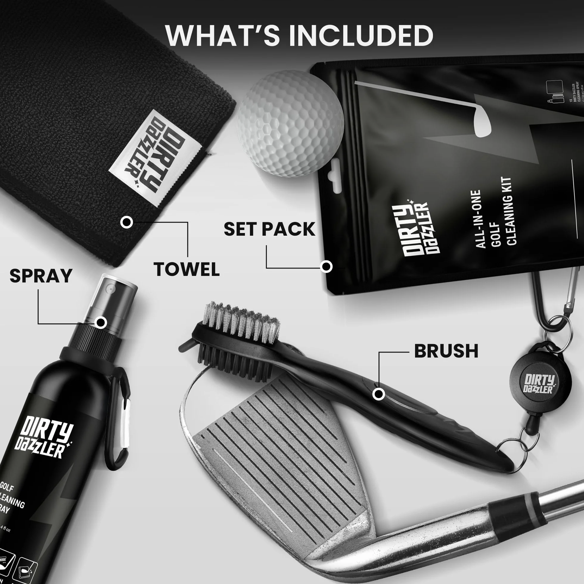 Kit Pulizia Mazze da Golf 3 Pezzi - Spazzola per Scanalature, Panno e Detergente Spray