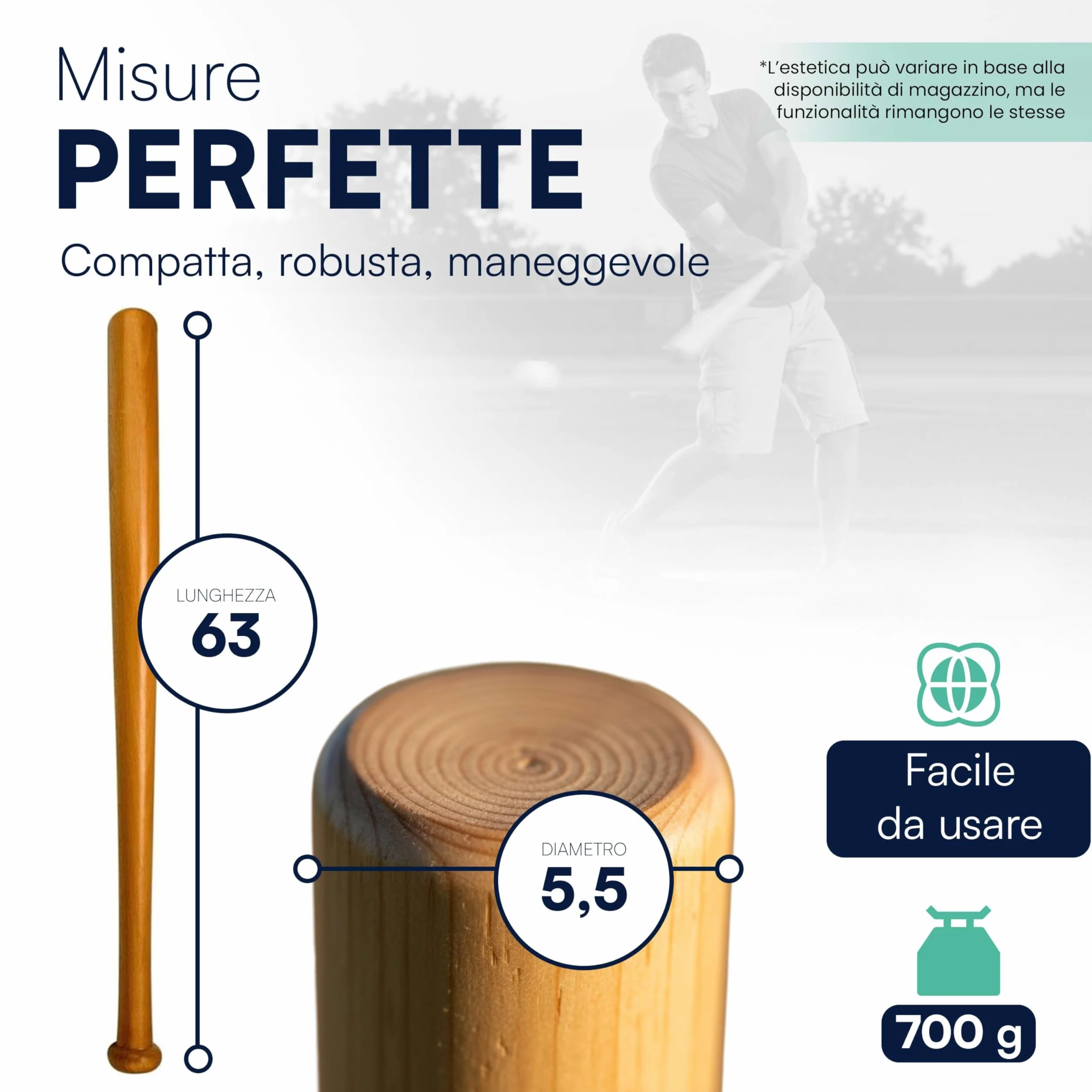 Mazza da Baseball in Legno 63 cm 700 g per Allenamento e Tempo Libero