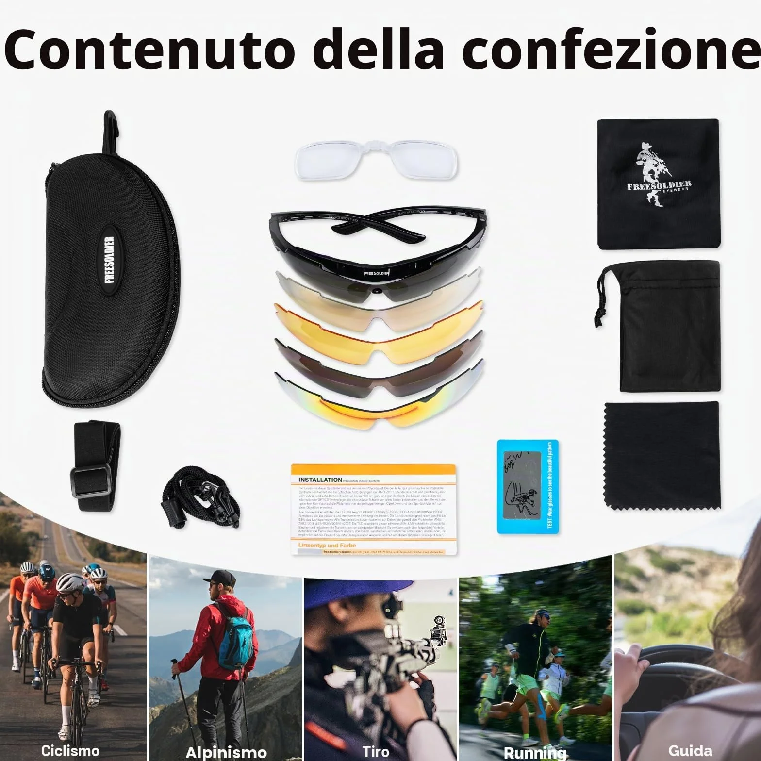 FREE SOLDIER Occhiali da Sole Polarizzati Uomo 5 in 1 Ciclismo MTB Tattici Militari Anti-UV400 Protezione Sport All'aperto