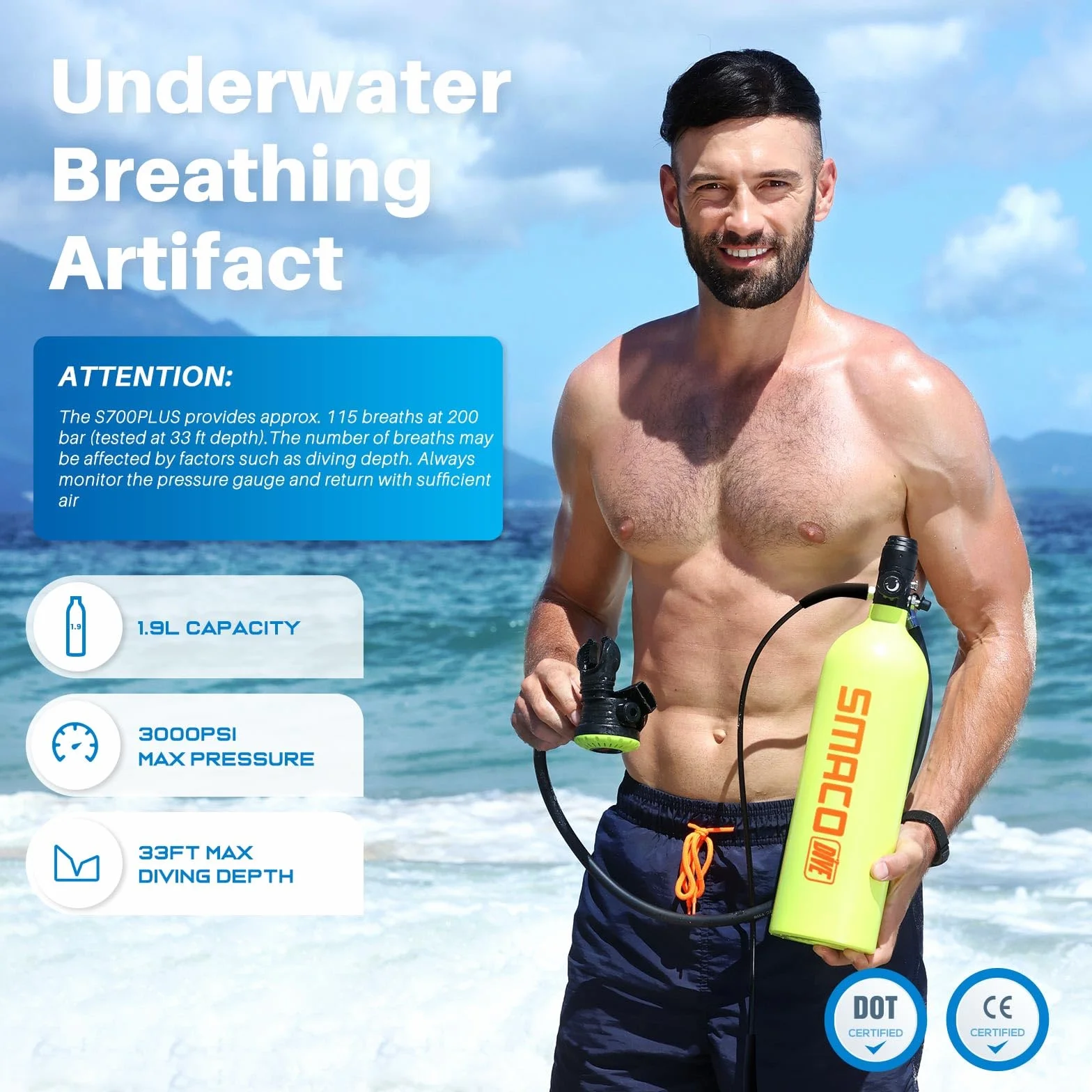 SMACO S700 Plus Mini Bombola Subacquea 2L Sub Scuba Tank Emergenza Aria Riserva