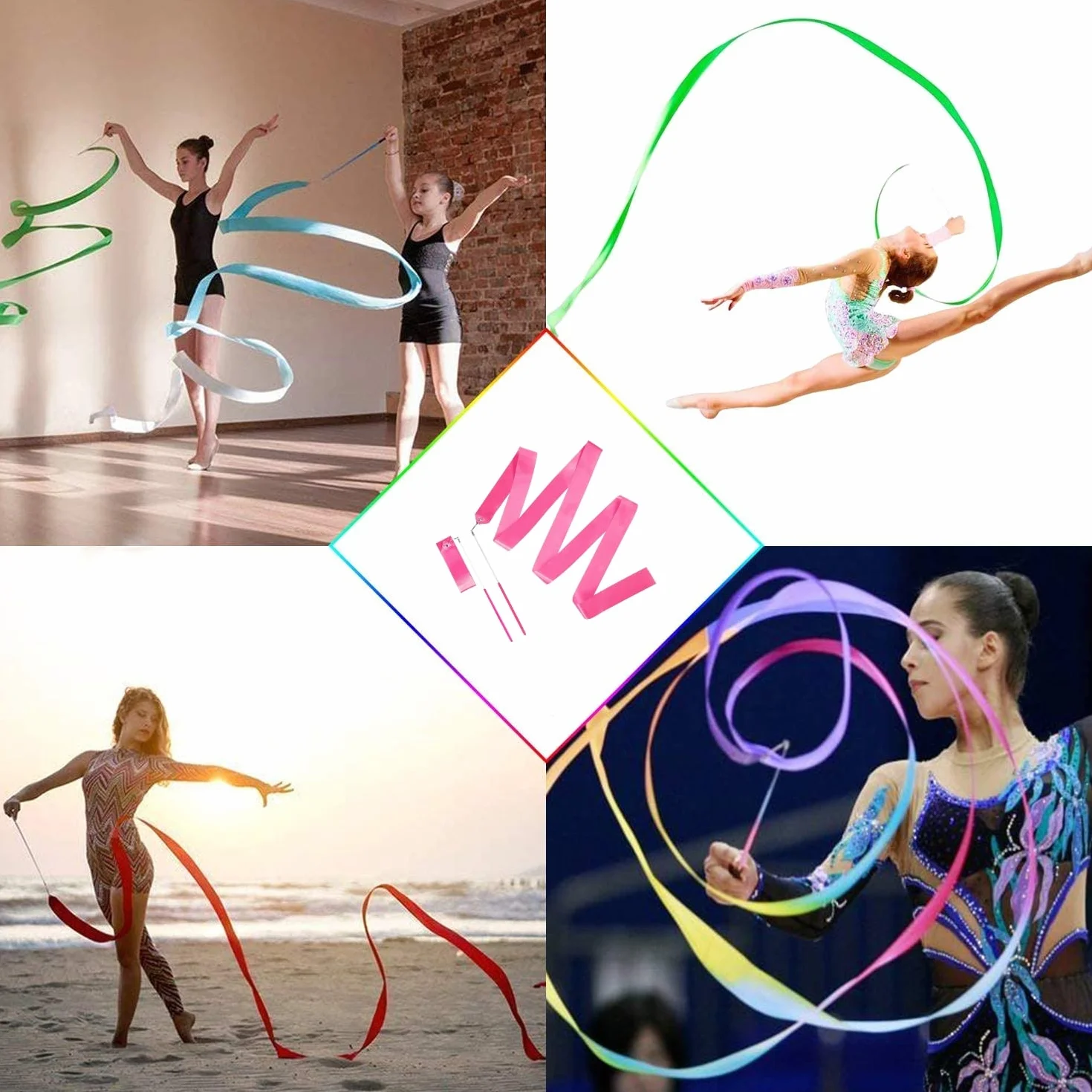 Nastri da Danza 2 Metri, 10 Pezzi Bacchette per Ginnastica Ritmica, Bacchette per Bambini Danza Baton Twirling (10 Colori)