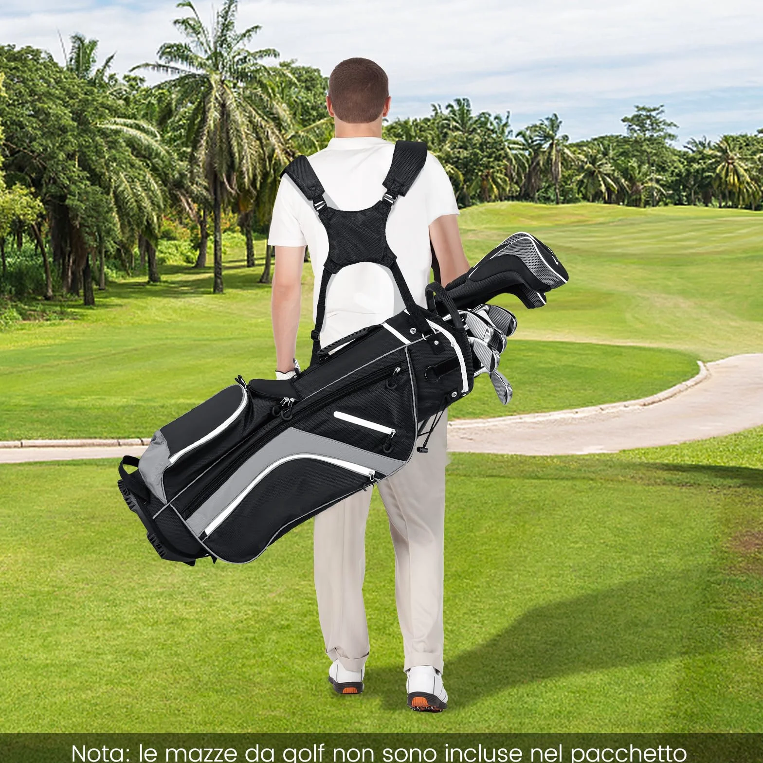 COSTWAY Sacca per Mazze da Golf, Borsa da Golf con Supporto, Divisori a 14 Vie, 6 Tasche, Borsa Frigo, Doppia Tracolla e Cappuccio Antipioggia, Ideale per Uomini e Donne