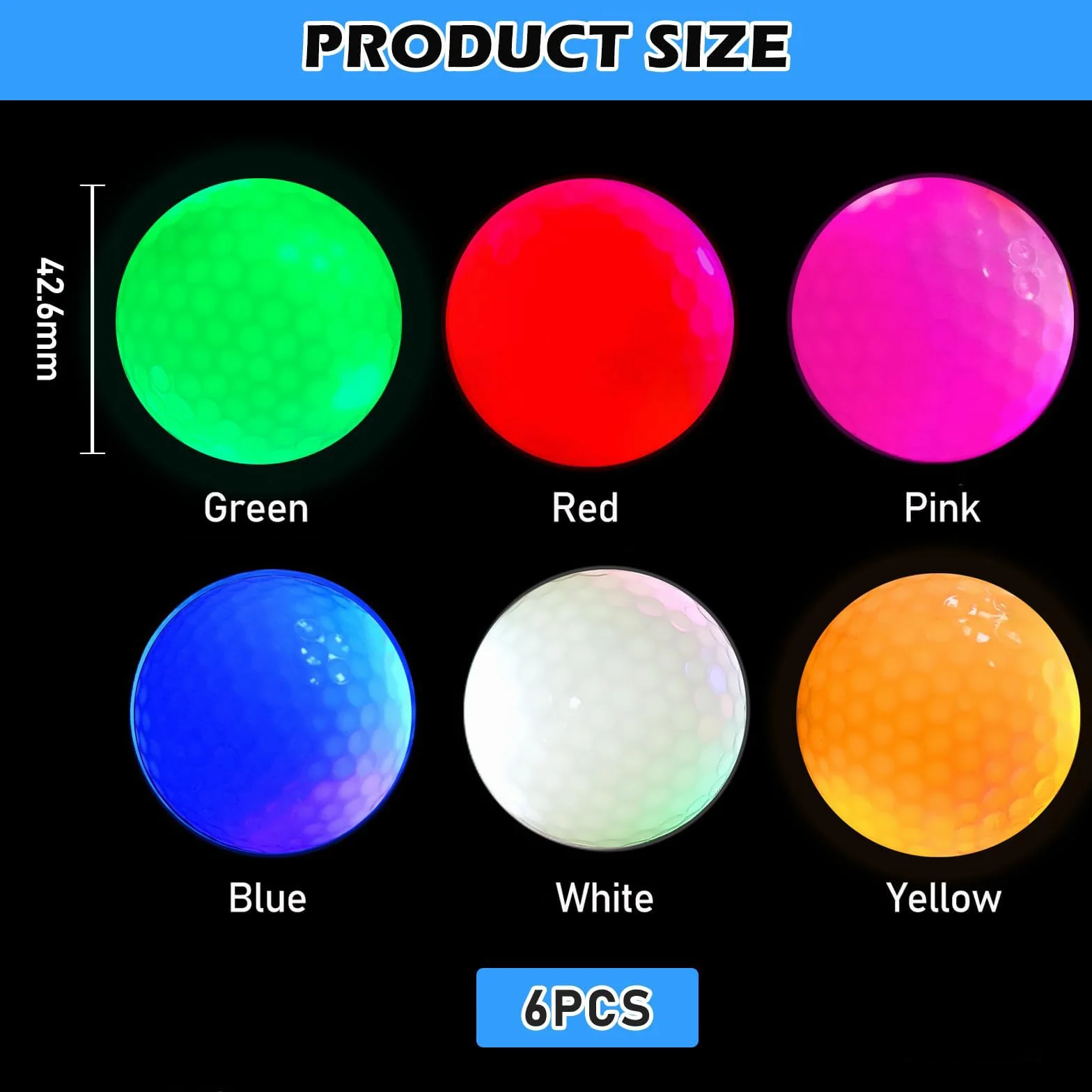 PORFOYO 6 palline da golf luminose LED notte riutilizzabili rosso giallo verde blu bianco rosa