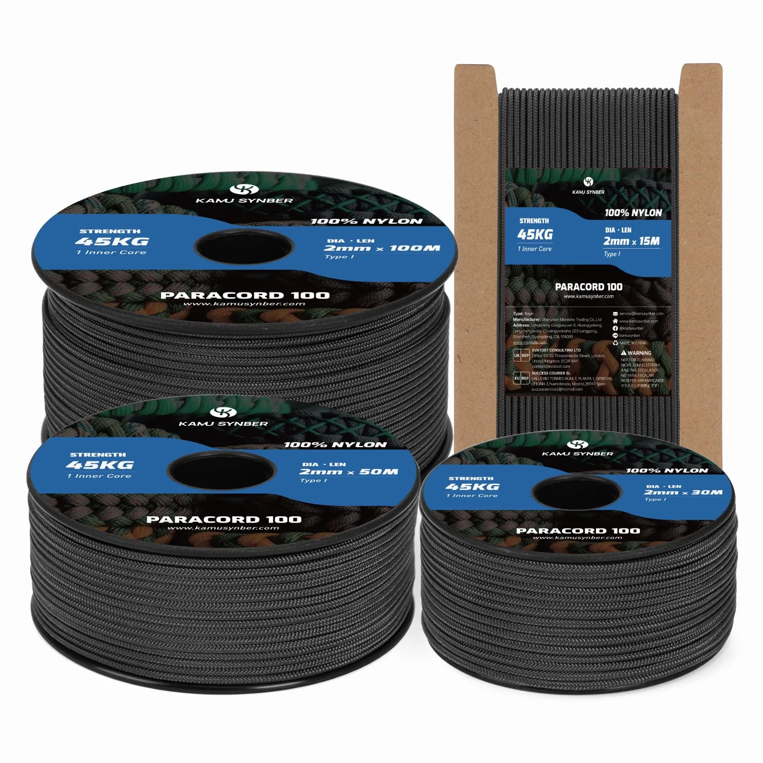 Paracord 2mm 15M Nylon Corda Paracadute 1 Fili Tipo I 45kg Nero Sopravvivenza Esterno DIY