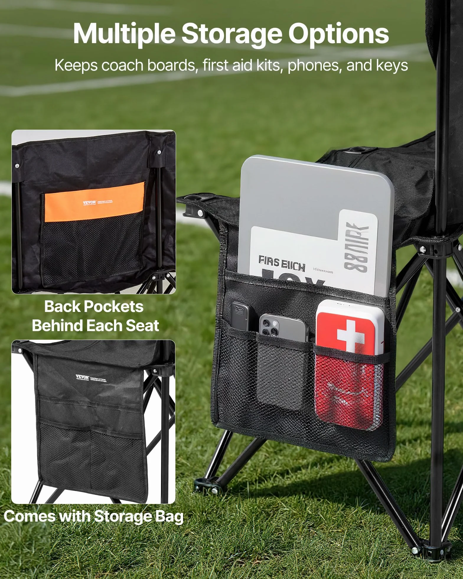 VEVOR Panca da Campeggio Pieghevole Portatile, per 6 Persone con Tasche Laterali, Borsa per il Trasporto, Tasca Posteriore, Panca Pieghevole con Schienale per Calcio, Baseball, Nero