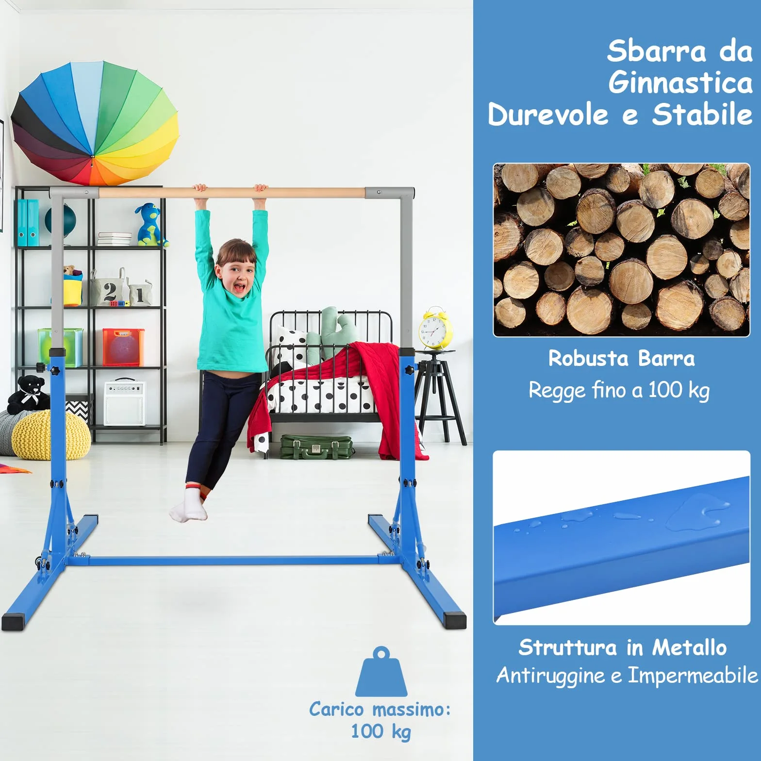 COSTWAY Barra per Ginnastica e Danza per Bambini Pieghevole Portatile, Sbarra Parallela in Metallo e Legno con 13 Altezze Regolabili, Portata 100 kg