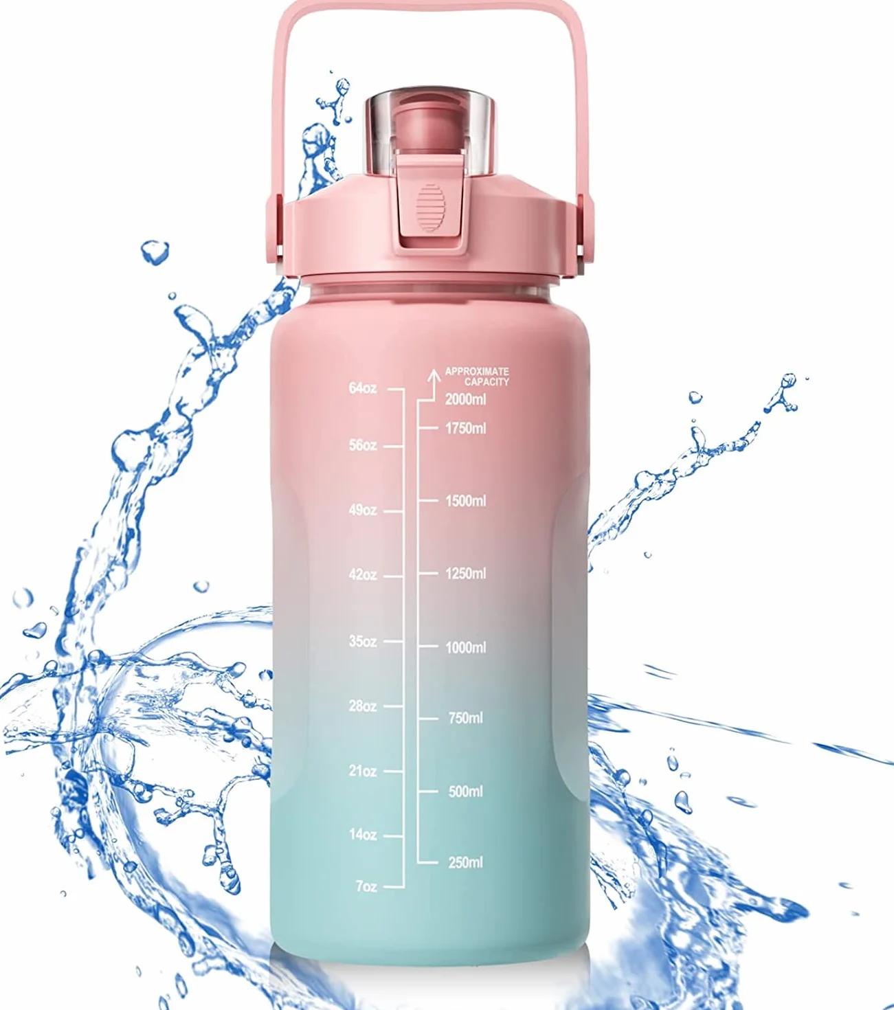 Borraccia con Cannuccia 2 Litro Sportiva Senza BPA, Indicazioni Graduate, Rosa