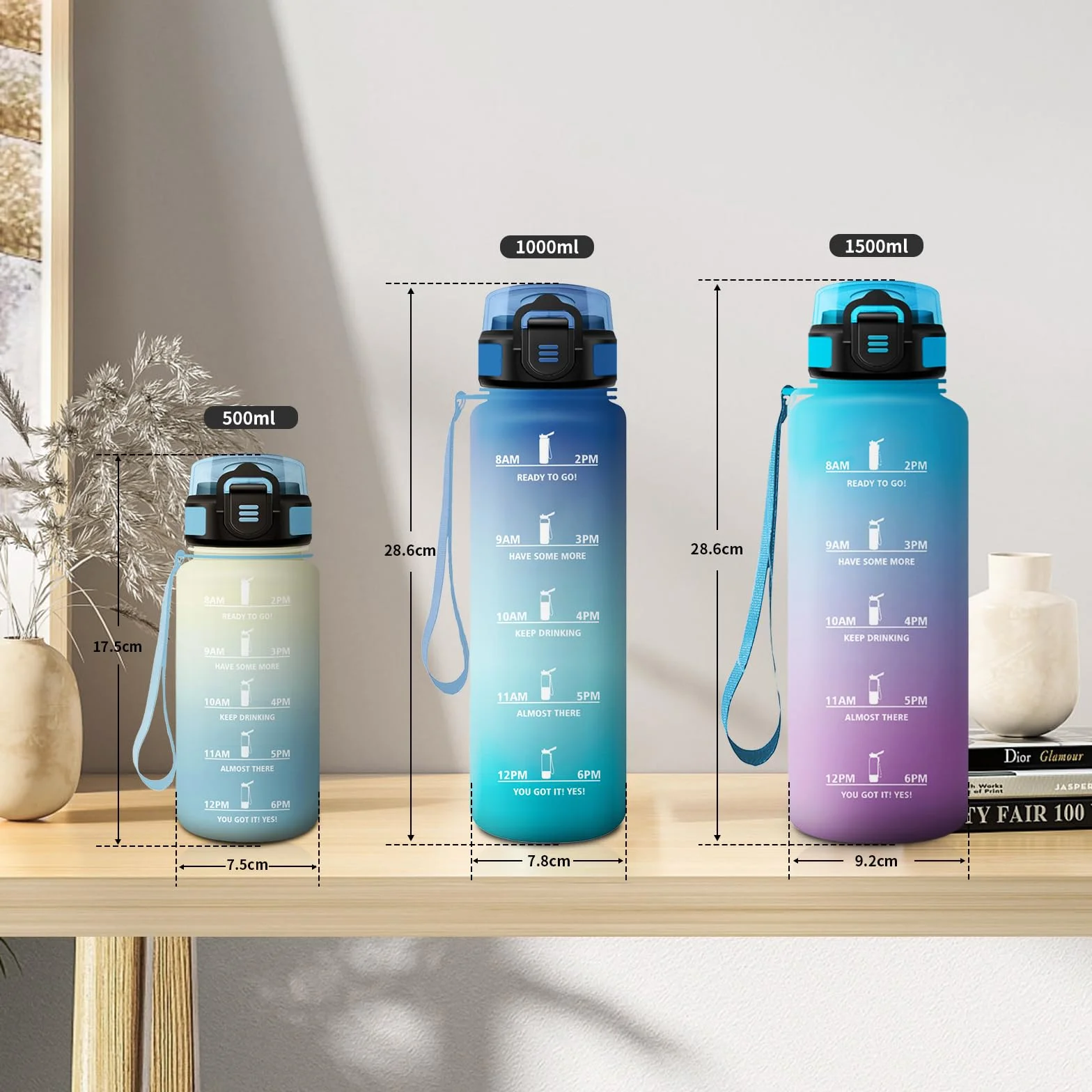 KollyKolla Borraccia 500ml con Cannuccia, a Prova di Perdite, Indicatore del Tempo, Bottiglia Acqua Motivazionale per Ufficio, Escursionismo, Yoga