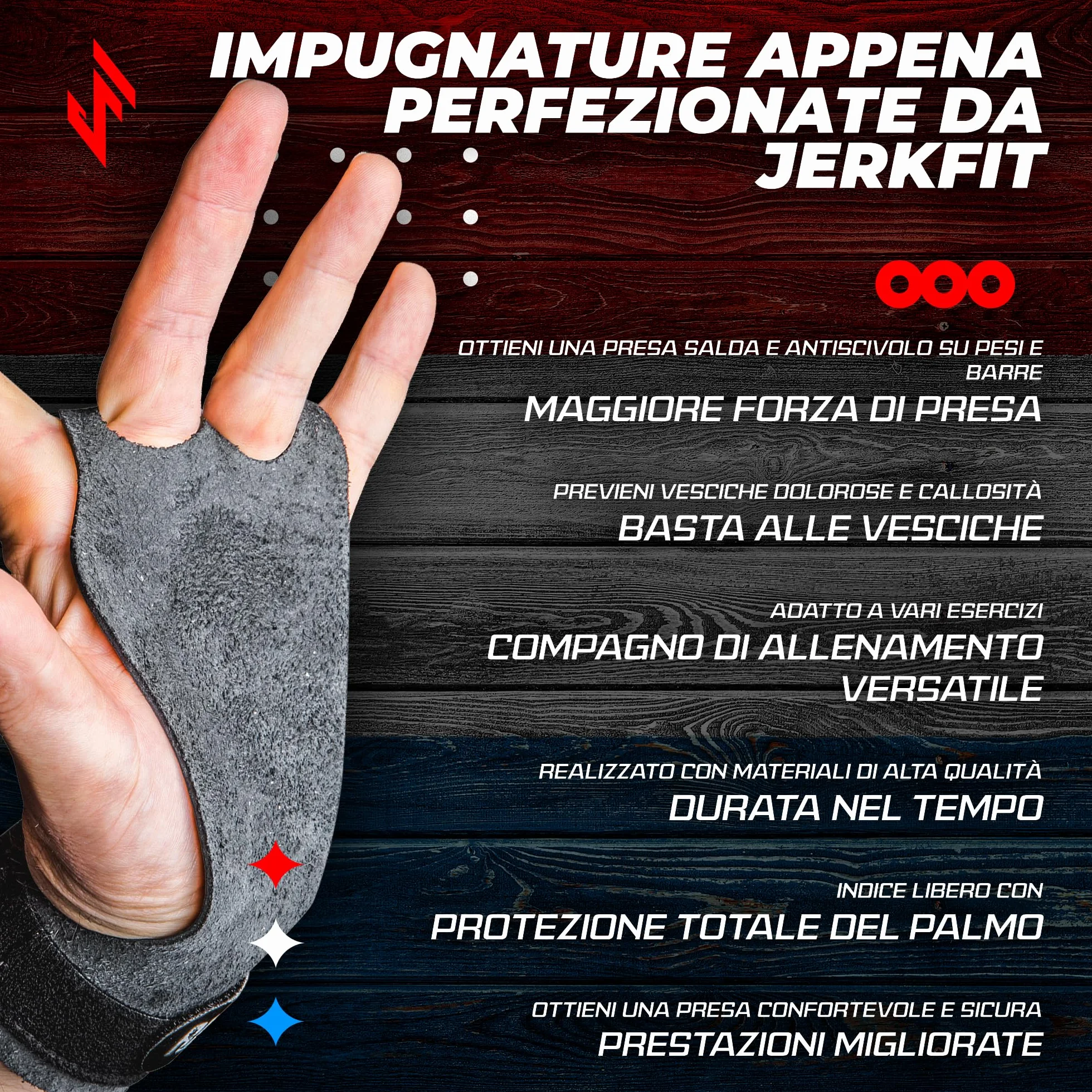 JerkFit Raw Grips 2 Dita in Pelle Ginnastica Protezione Palma