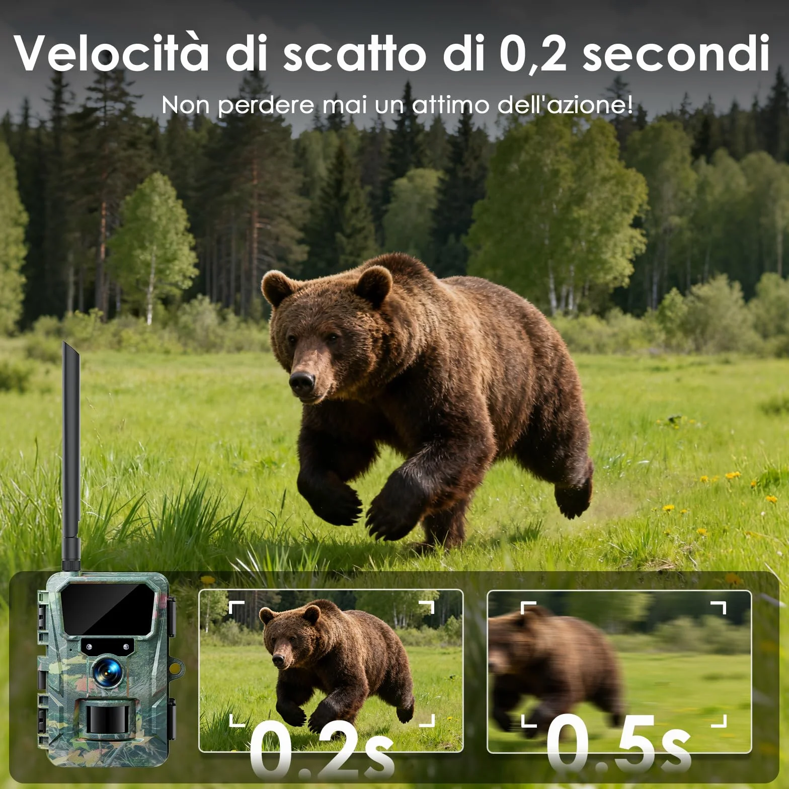 WOLFANG Fototrappola 4G 2K 48MP HD Fotocamera Caccia con Batteria 5200 mAh Infrarossi IP66