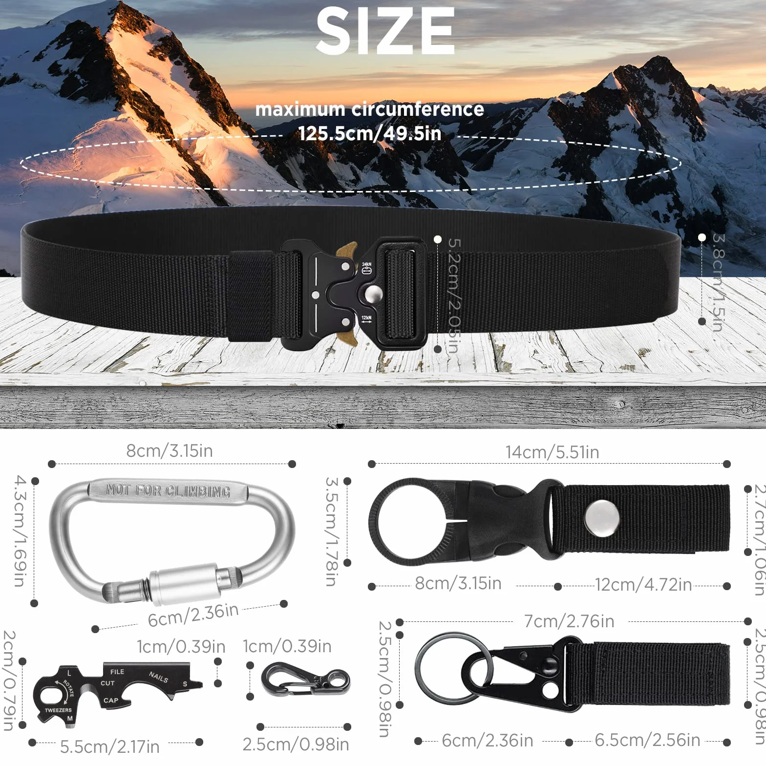 Cintura Tattica Regolabile 125cm Nylon Militare Esercito con Moschettone Portachiavi Fibbia Multifunzione per Caccia Camping Outdoor Trekking