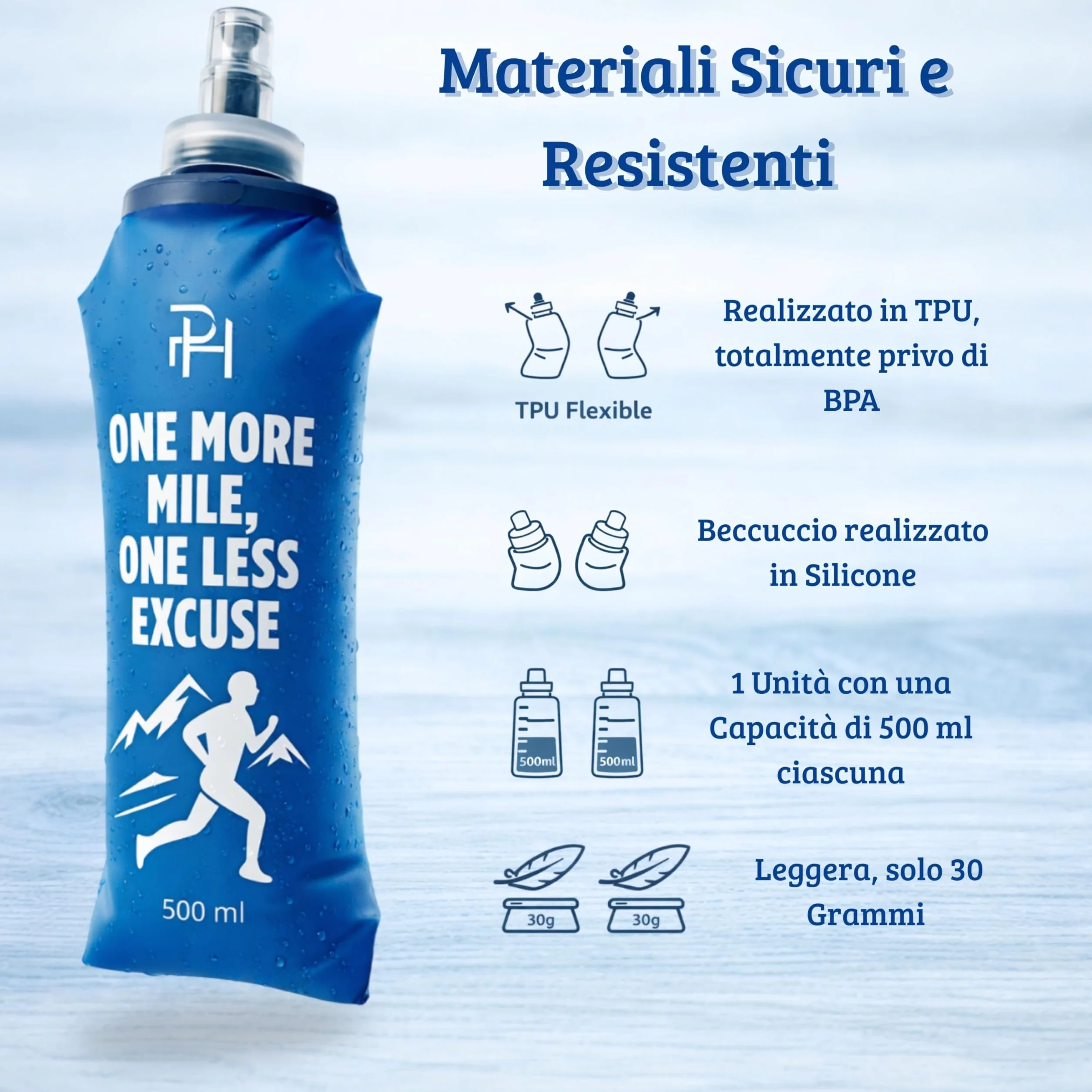 Ph Pro Heat Borraccia Morbida Running 500 ml Blu - Bottiglia Pieghevole per Trail, Ciclismo, Escursionismo