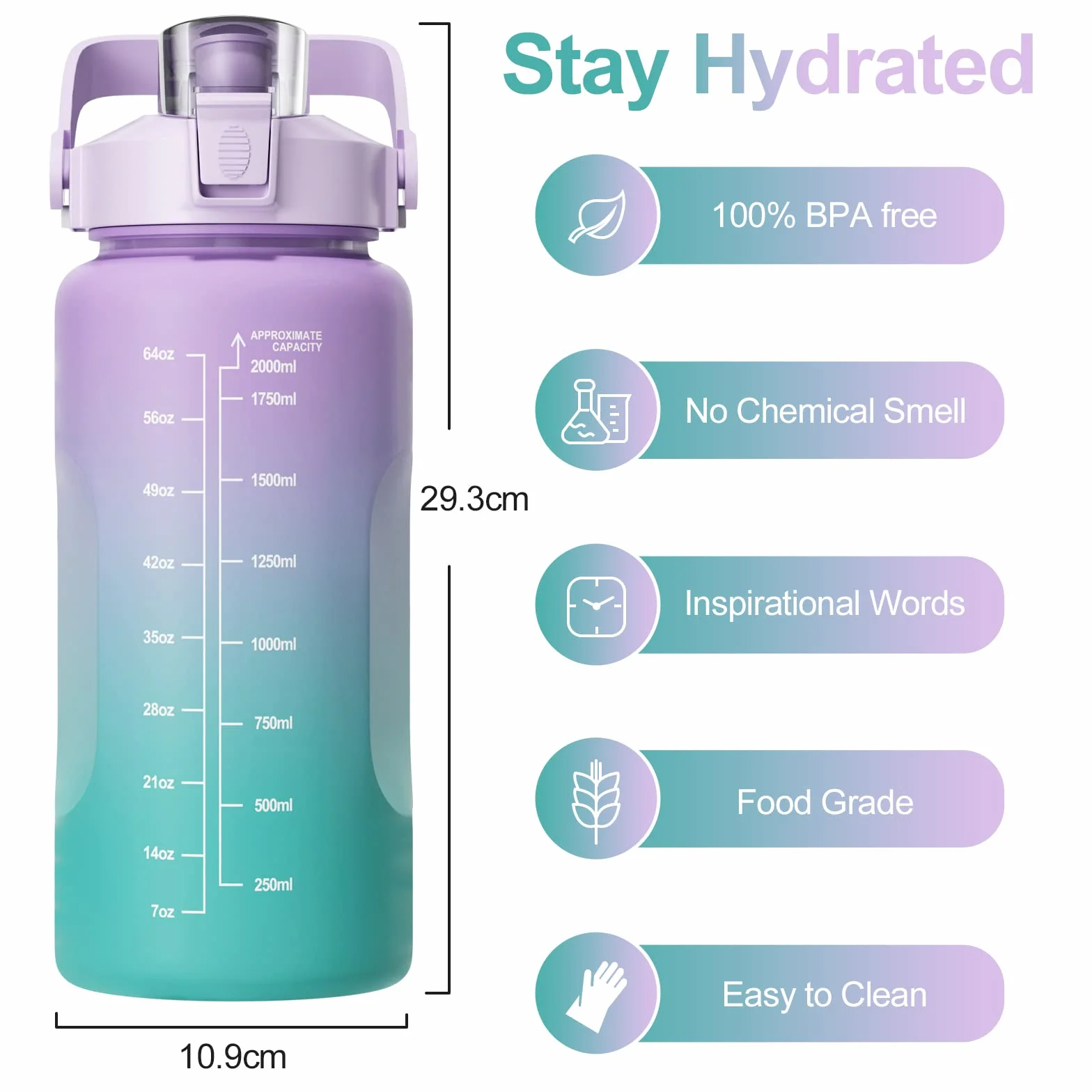 Borraccia Sportiva 2L con Cannuccia, Senza BPA, Graduata, per Palestra Yoga Campeggio (Viola)