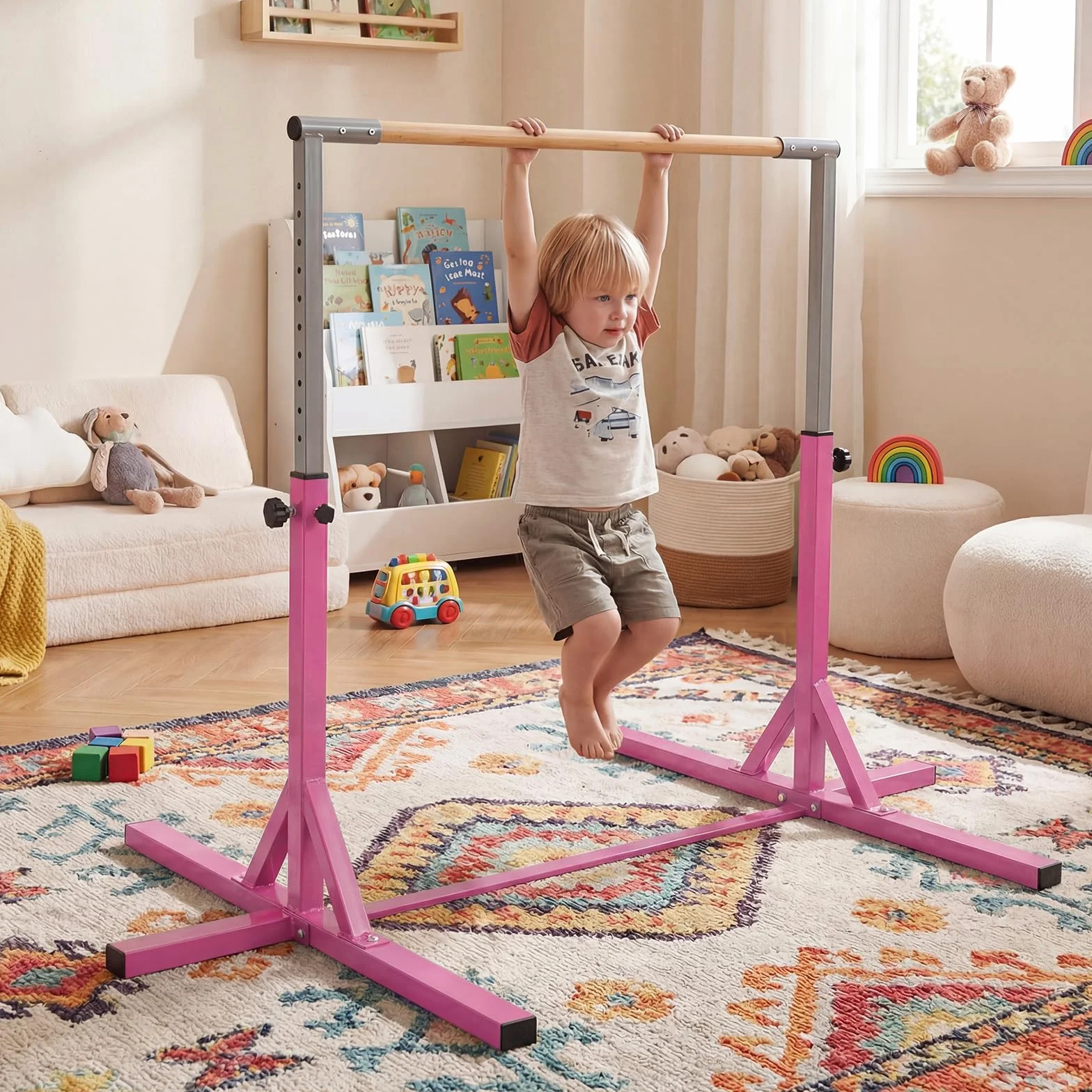 COSTWAY Sbarra per Ginnastica e Danza per Bambini, Barra in Metallo e Bambù Regolabile in Altezza 85-145 cm, Portatile con Cuscinetti Antiscivolo