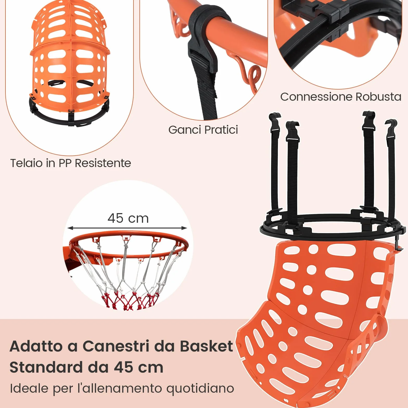 COSTWAY Sistema di Ritorno Palla Basket Rotante a 360° con 4 Ganci Smontabili, Sistema di Ritorno Pallacanestro con Struttura Robusta, Allenamento Tiro Basket per Adulti, Giovani e Bambini