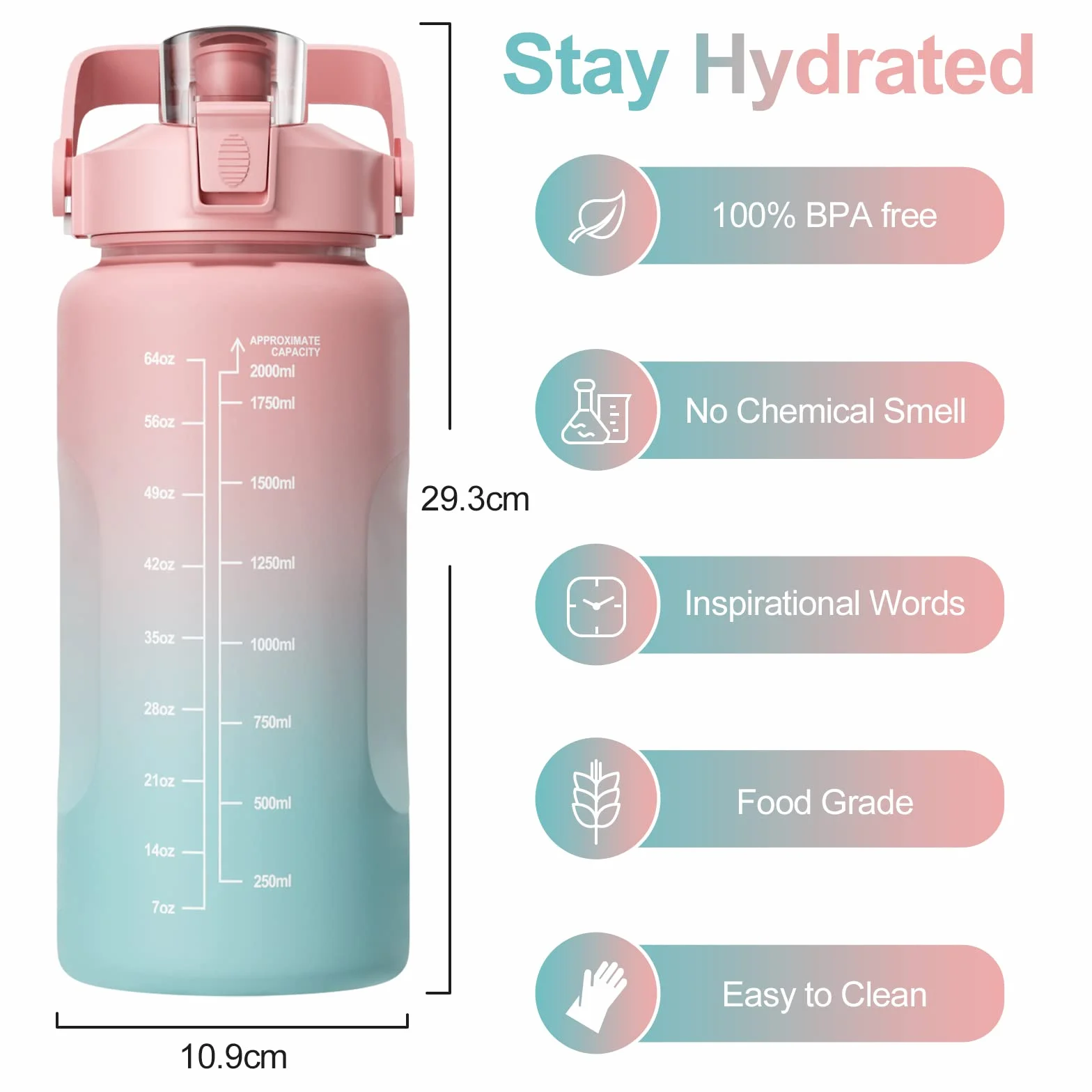 Borraccia con Cannuccia 2 Litro Sportiva Senza BPA, Indici di Ispirazione, Alto Volume, per Yoga Palestra Campeggio (Rosa)
