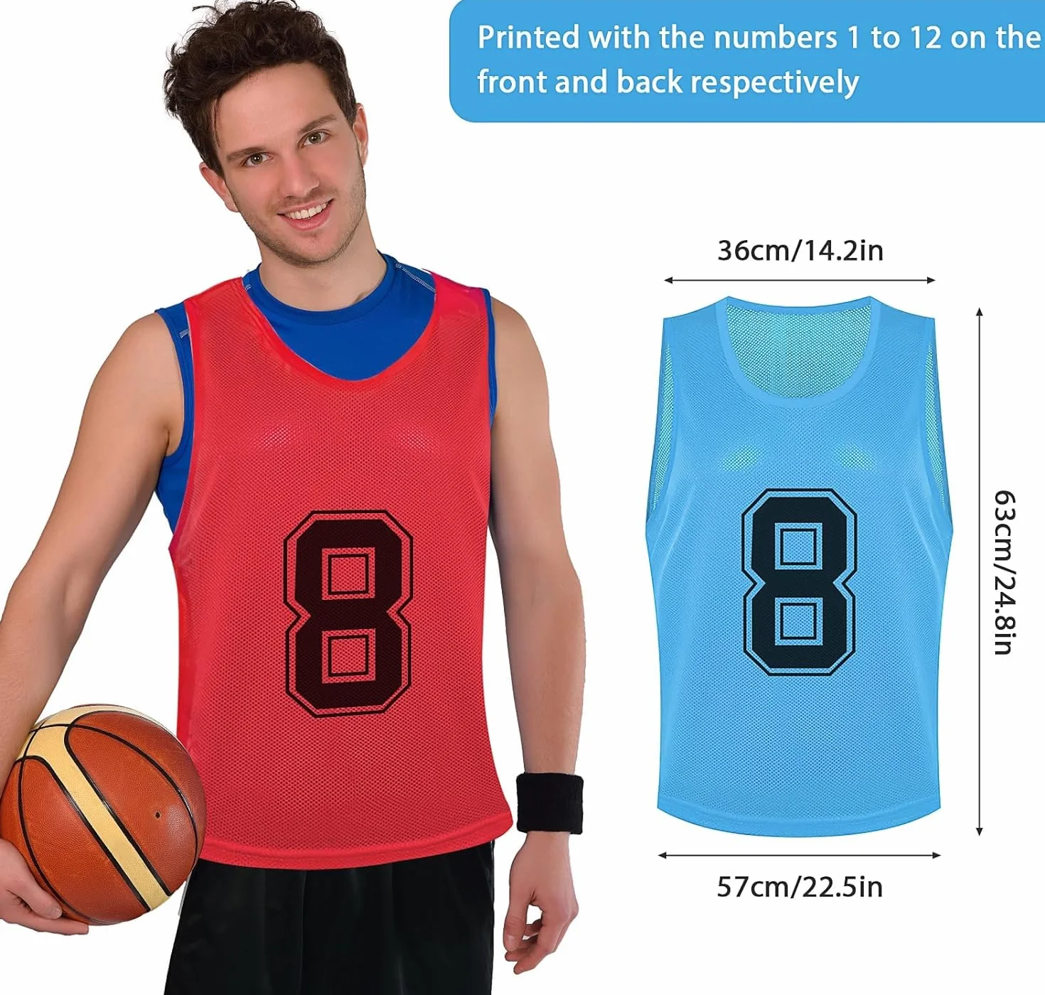 Gilet in rete di nylon Scrimmage da 24 pezzi per allenamento di squadra, basket, calcio, rosso e blu, 36x63x57cm