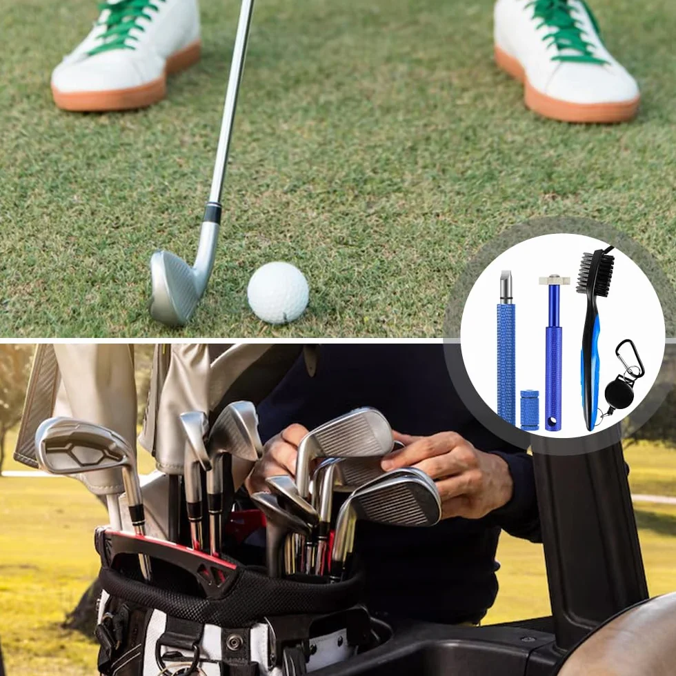 Golf Groove Cleaner U V Attrezzi da Pulizia per Mazze 3 Pezzi con Moschettone Retrattile