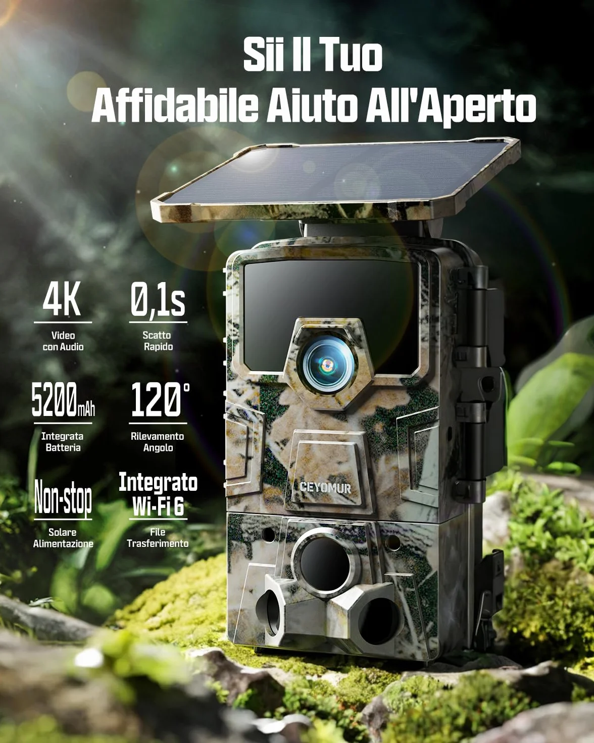 CEYOMUR 4K UHD Fototrappola Solare, Wifi 6 Notturna con 120° Rilevamento, Batteria 5200mAh, IP66, Scheda SD 64GB