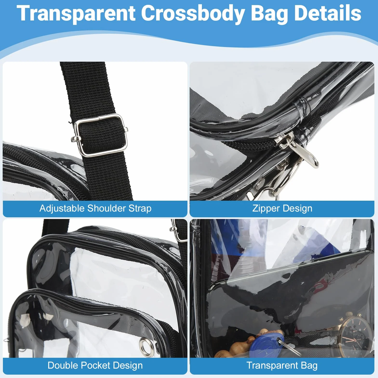 Borsa da Stadio Trasparente a Tracolla in PVC Antisporco Resistente all'Acqua