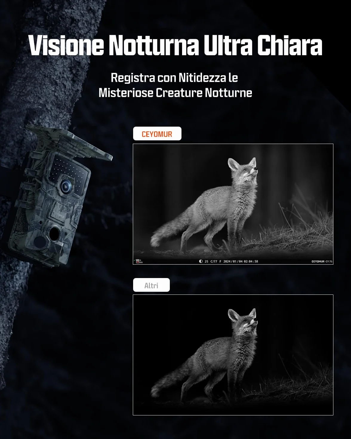 CEYOMUR 4K UHD Fototrappola Solare, Wifi 6 Notturna con 120° Rilevamento, Batteria 5200mAh, IP66, Scheda SD 64GB