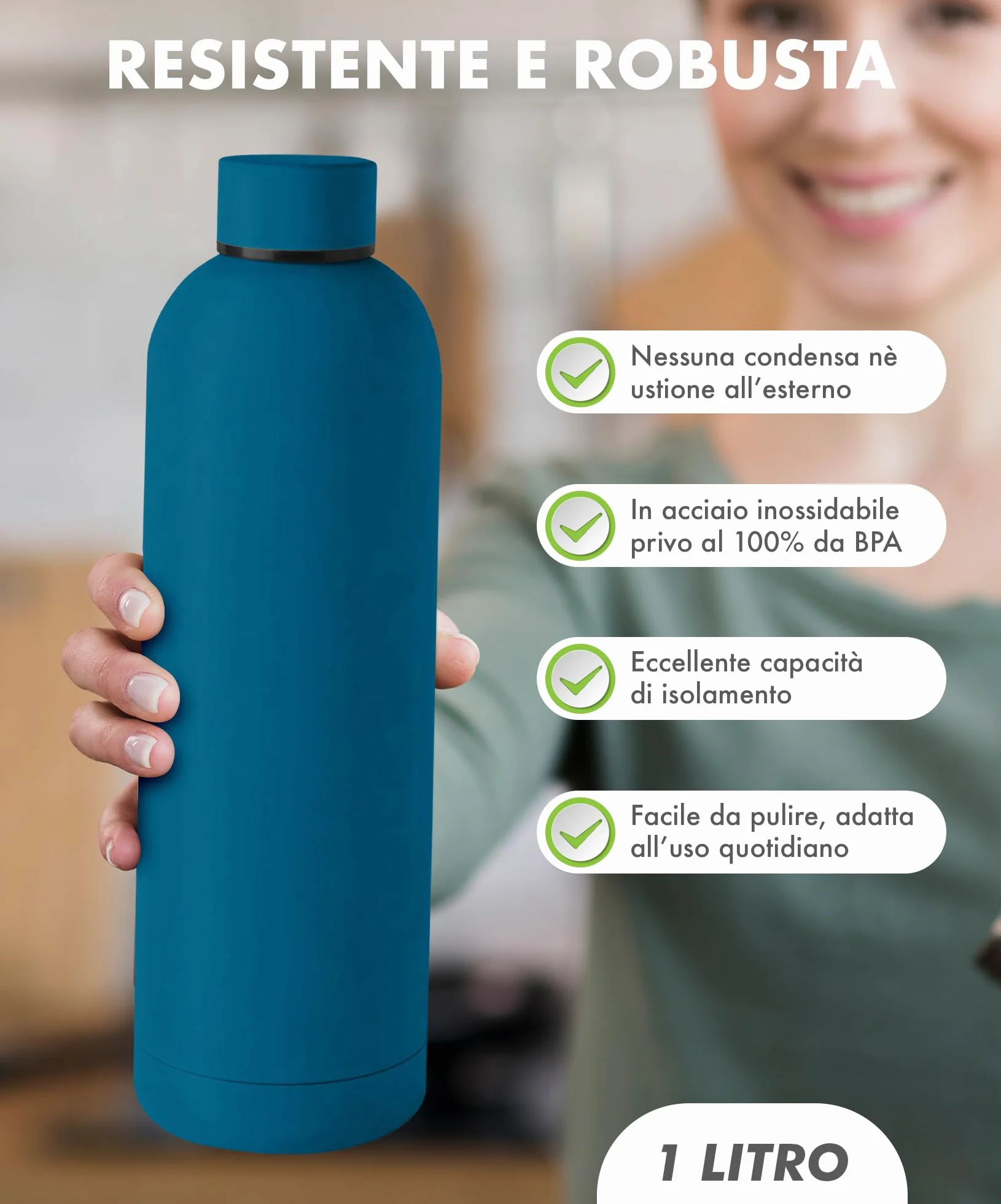 Borraccia Termica Grande 1 Litro Acciaio Inox Doppio Strato 1000 Ml Tappo Antigoccia Termos Sottovuoto - Blu