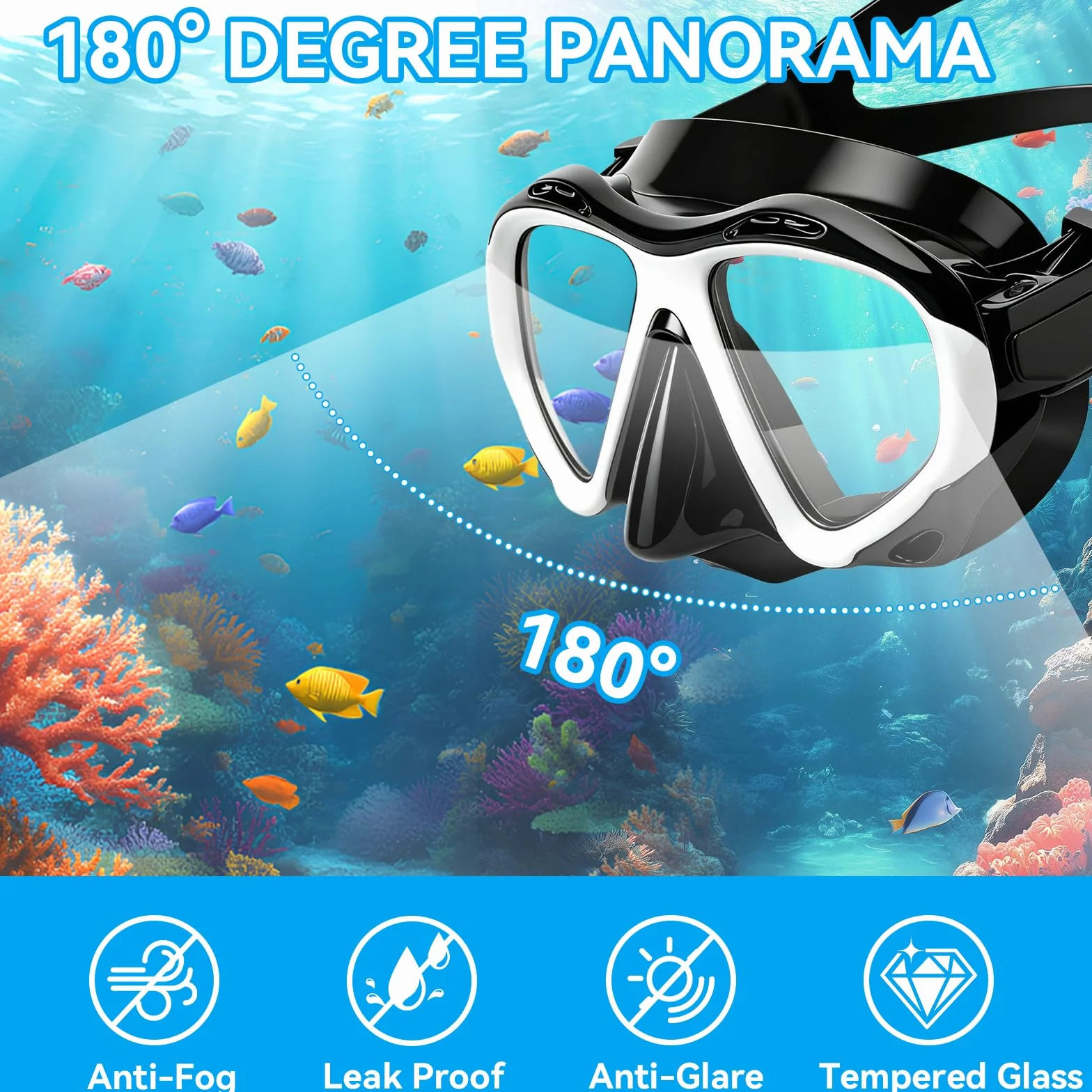 Maschera Subacquea Anti-Appannamento 180° Panoramica con Boccaglio Asciutto in Vetro Temperato per Immersioni