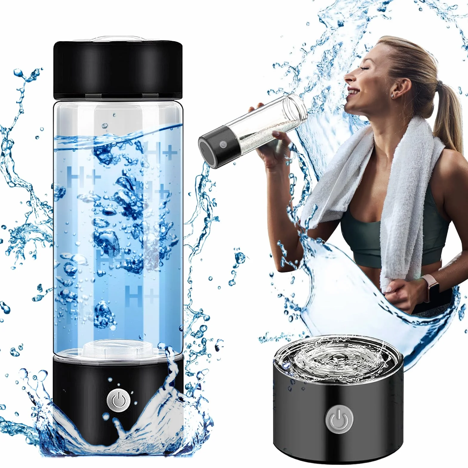 Generatore di Idrogeno Portatile, Bottiglia d'Acqua Idrogenata, Ionizzatore d'Acqua, Nero