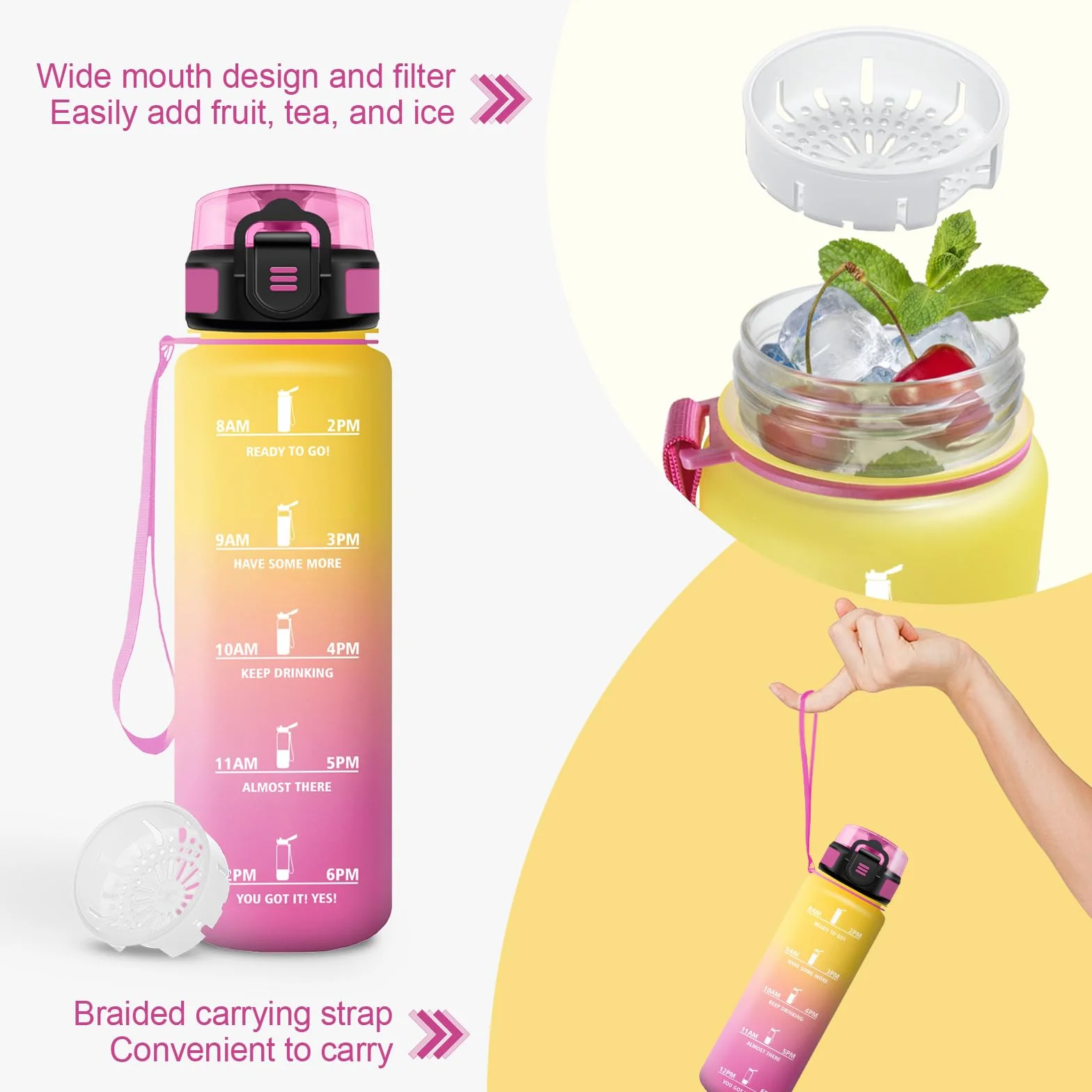 Borraccia 1L Motivazionale con Filtro, A Prova di Perdite, Bottiglia Acqua con Indicatore del Tempo