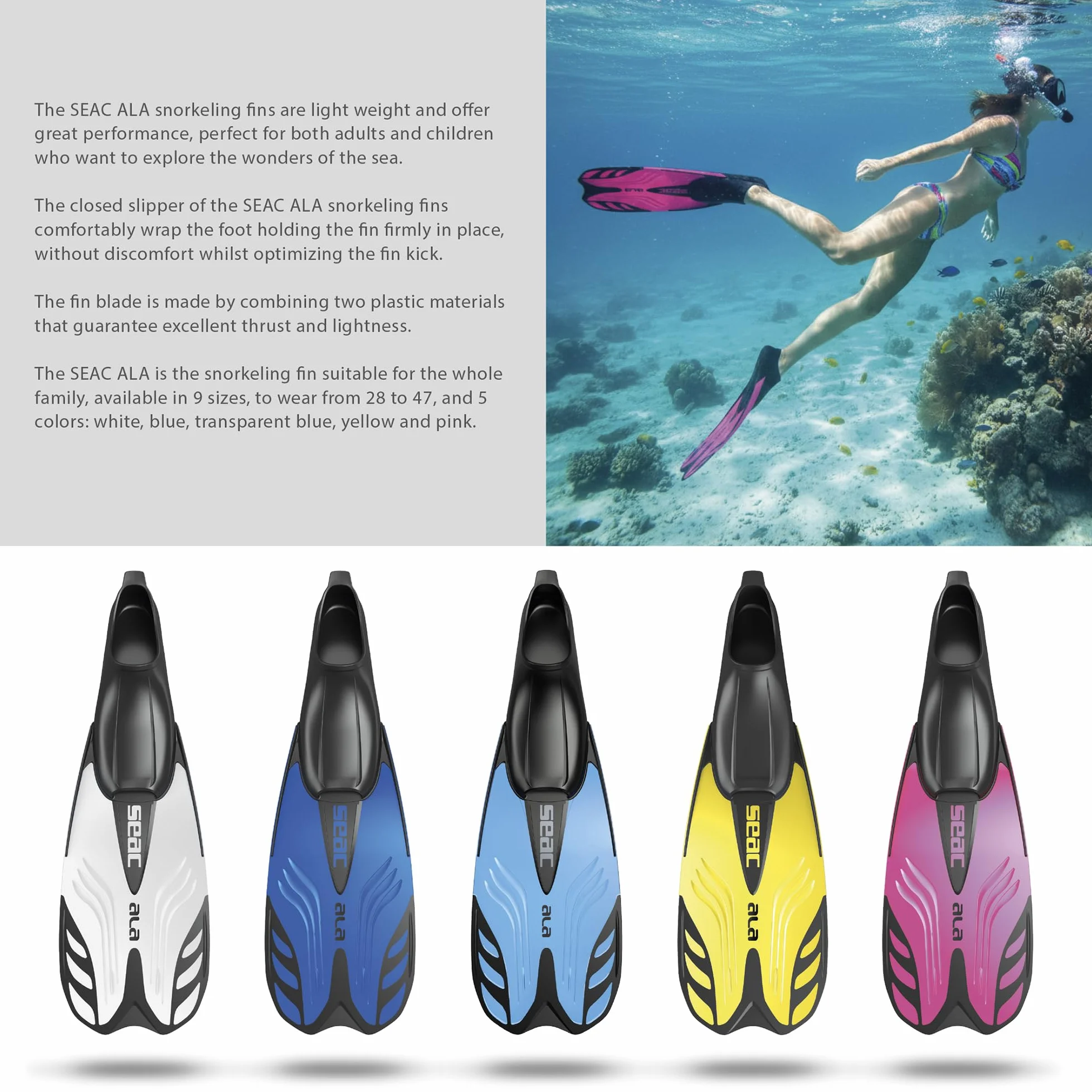 Seac Pinne da Snorkeling a Scarpetta Chiusa 28-47 Adulti Bambini