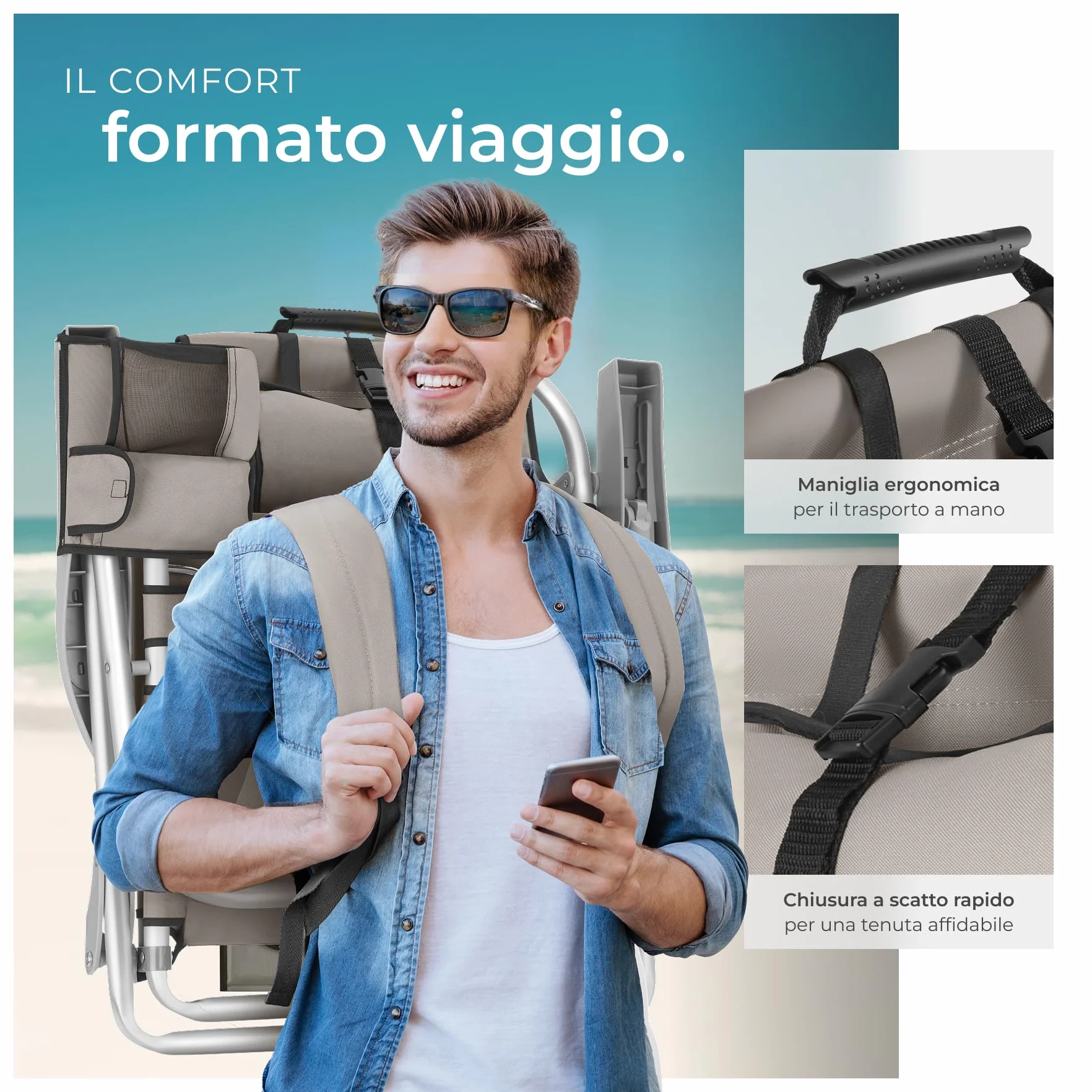 tectake® 2 Sedia da Spiaggia Pieghevole Funzione Zaino, Telaio Alluminio, Schienale Regolabile, Beige