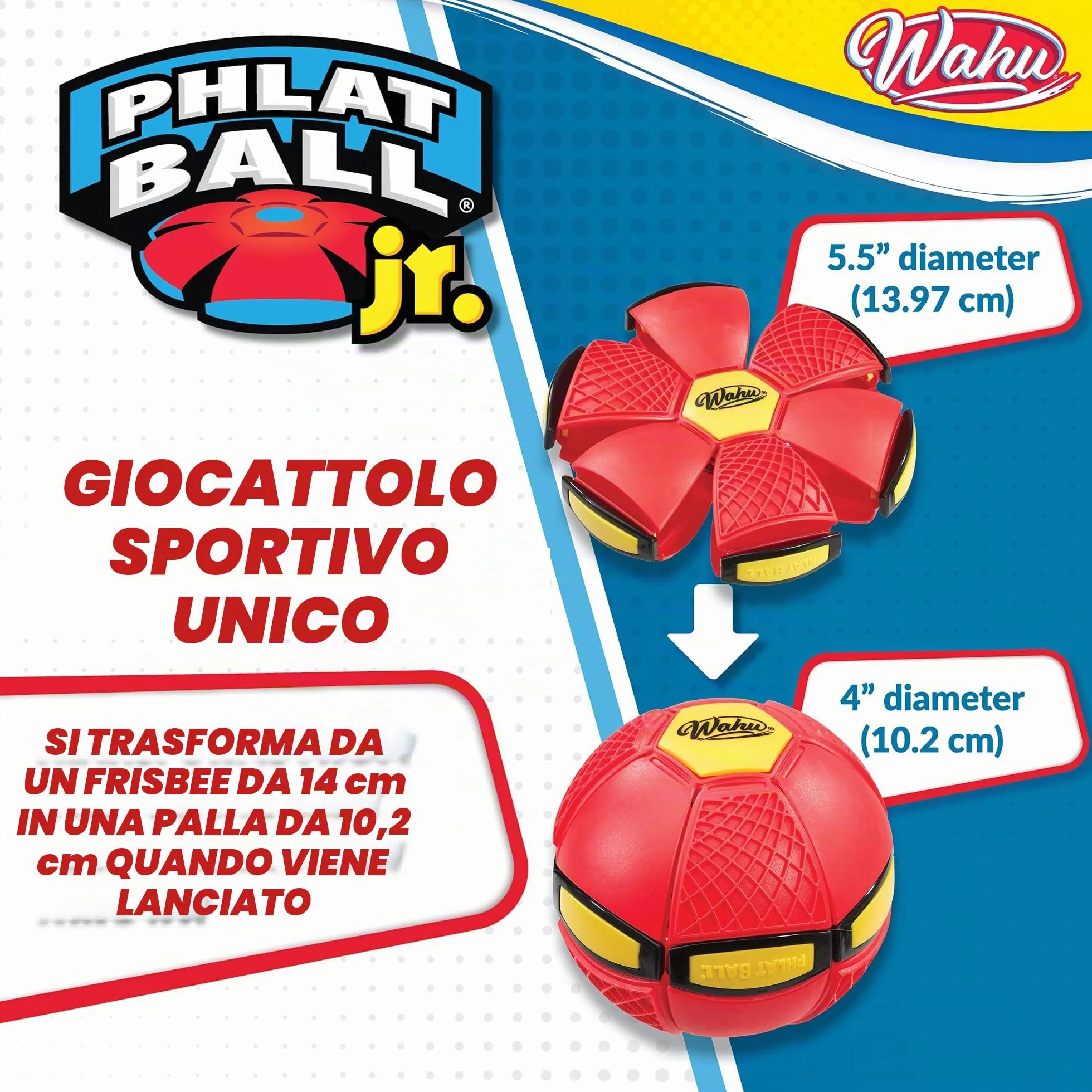 Wahu PHLAT BALL Junior Rosso Mini Frisbee Volante Trasformabile in Pallone Giochi da Giardino per Bambini dai 5 Anni 10,2cm 15,2cm