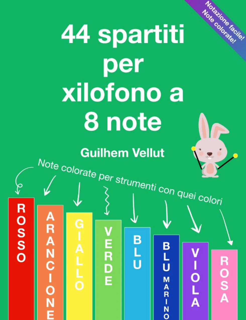 44 spartiti per xilofono a 8 note: Note colorate di rosso, arancione, giallo, verde, blu, blu marino, viola, rosa