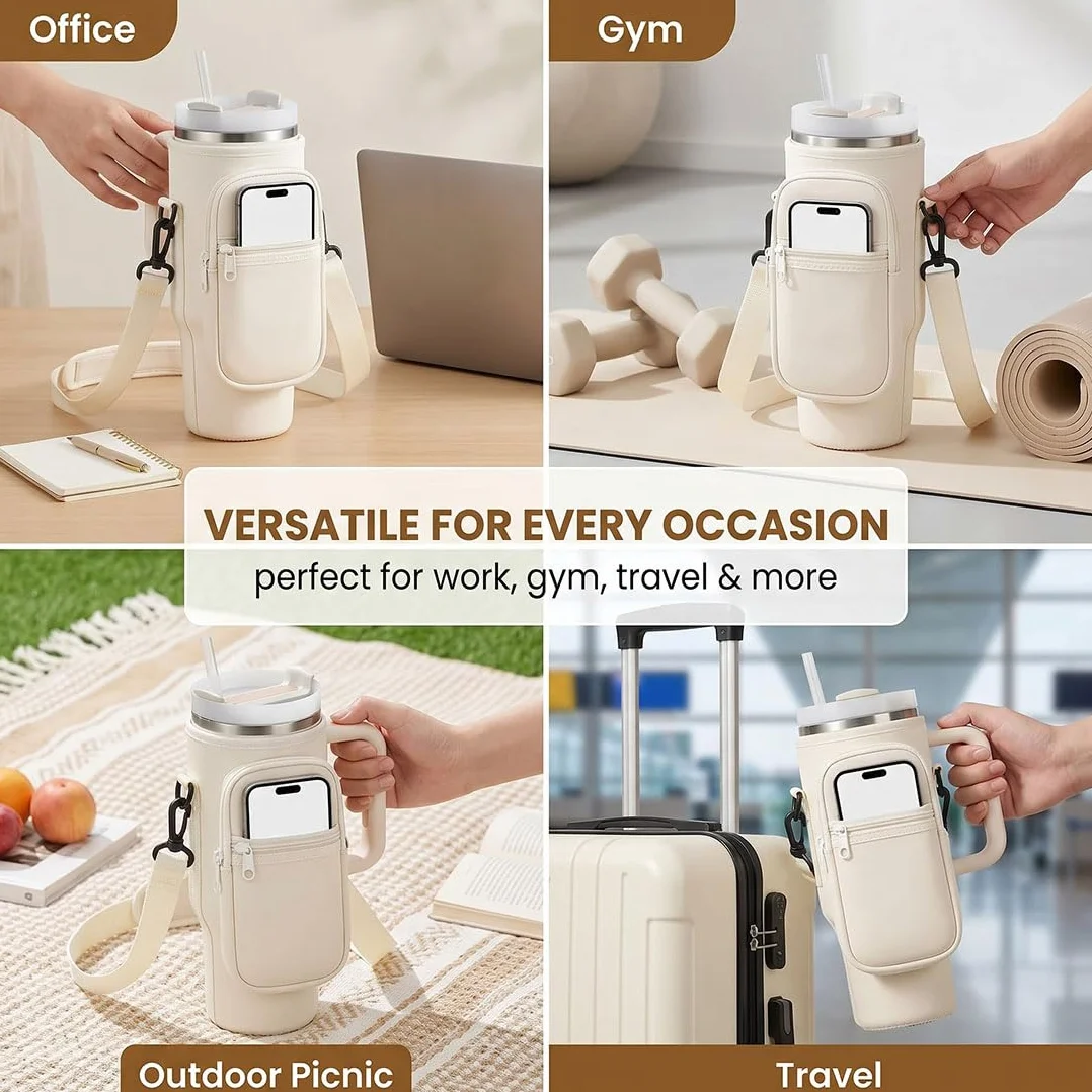 Borsa per Stanley Cup in Neoprene Isolante con Tasca per Telefono e Tracolla Regolabile 42-140 cm Crema
