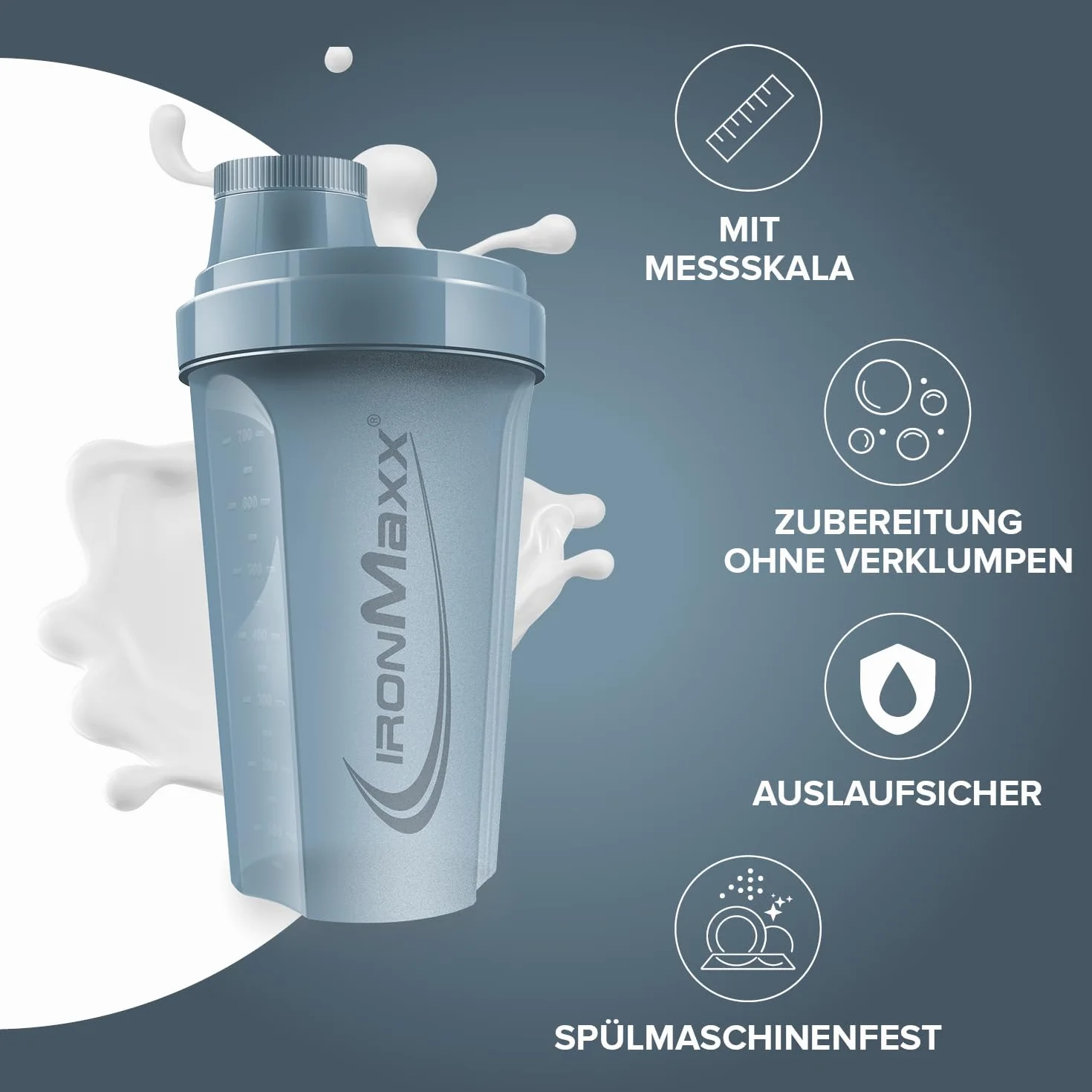 IronMaxx Protein Shaker 700ml Kyanite Blue con tappo a vite, setaccio e scala di misurazione, borraccia palestra a tenuta stagna senza BPA