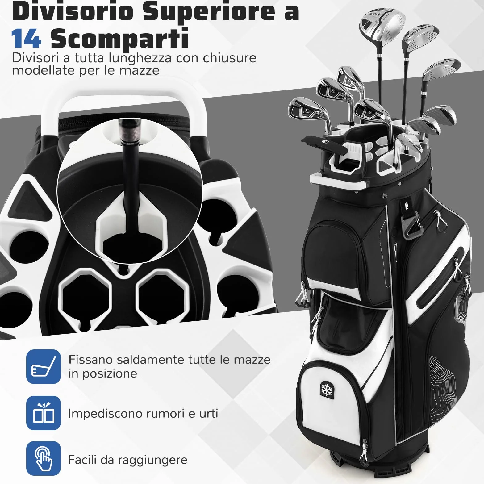 COSTWAY Borsa Carrello da Golf, Sacca da Golf con Serratura e Divisori a 14 Vie, 11 Tasche, Sacca Isolante, Tracolla Imbottita, Maniglie, Porta Ombrello e Cappuccio Antipioggia
