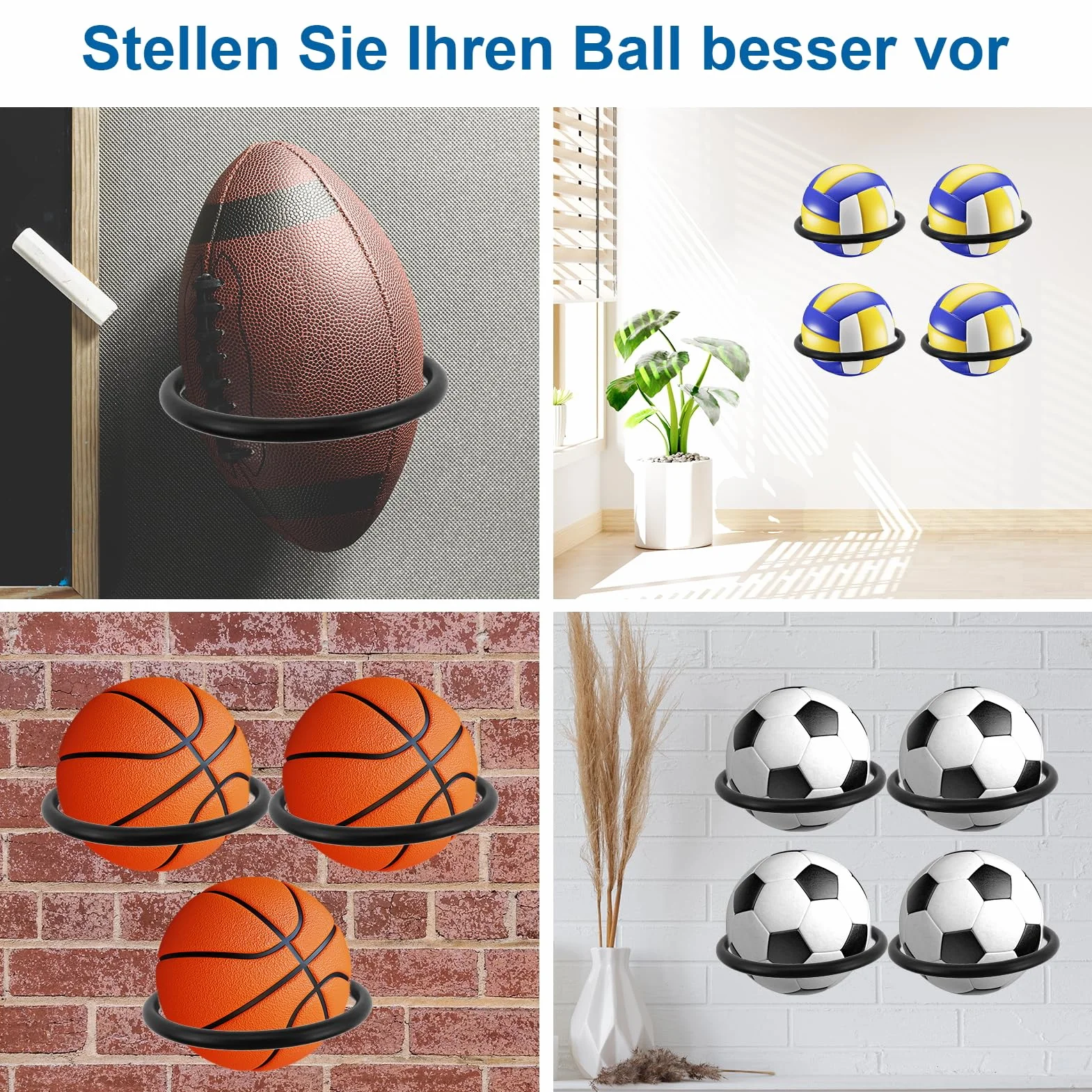 4 Pezzi 10 cm Nero Supporti Robusti montare a parete con viti e dispositivo gonfiaggio, Alta qualità Supporto Calcio,Porta Palloni Parete Universale,per basket, calcio