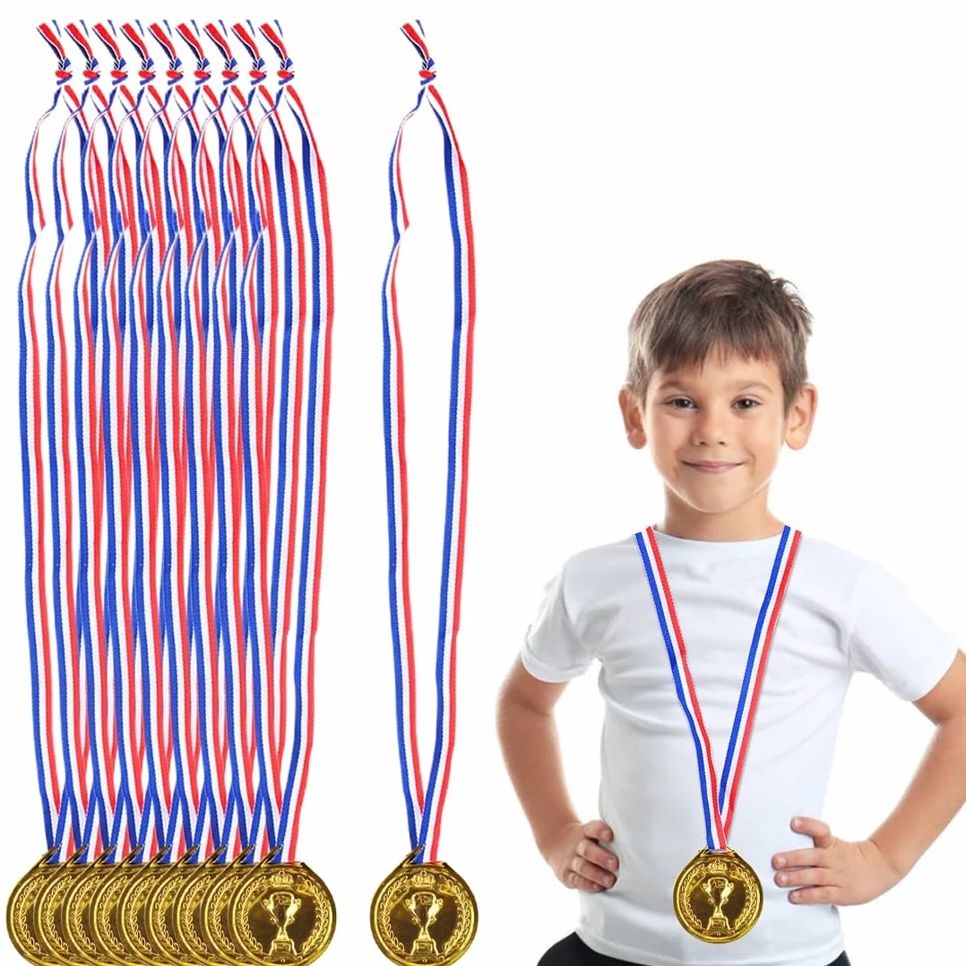 Medaglie vincitore in plastica per bambini 10 pezzi con nastri al collo Oro