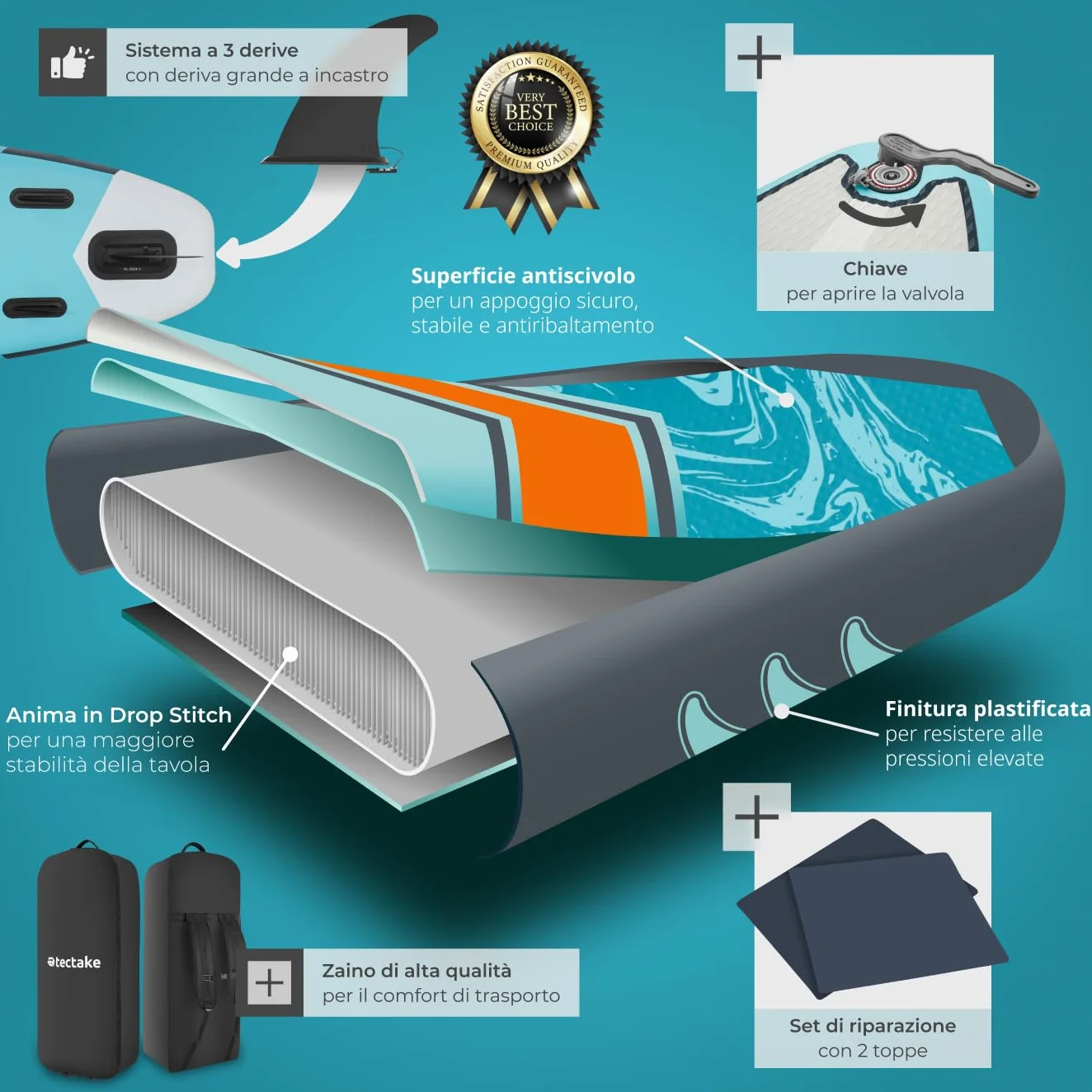 Tectake Sup Gonfiabile Tavola Stand Up Paddle Board 2 in 1 Kayak Sedile SUP Pompa Pinne Zaino Pagaia Drop Stich Schiuma EVA Carico Max 200 kg