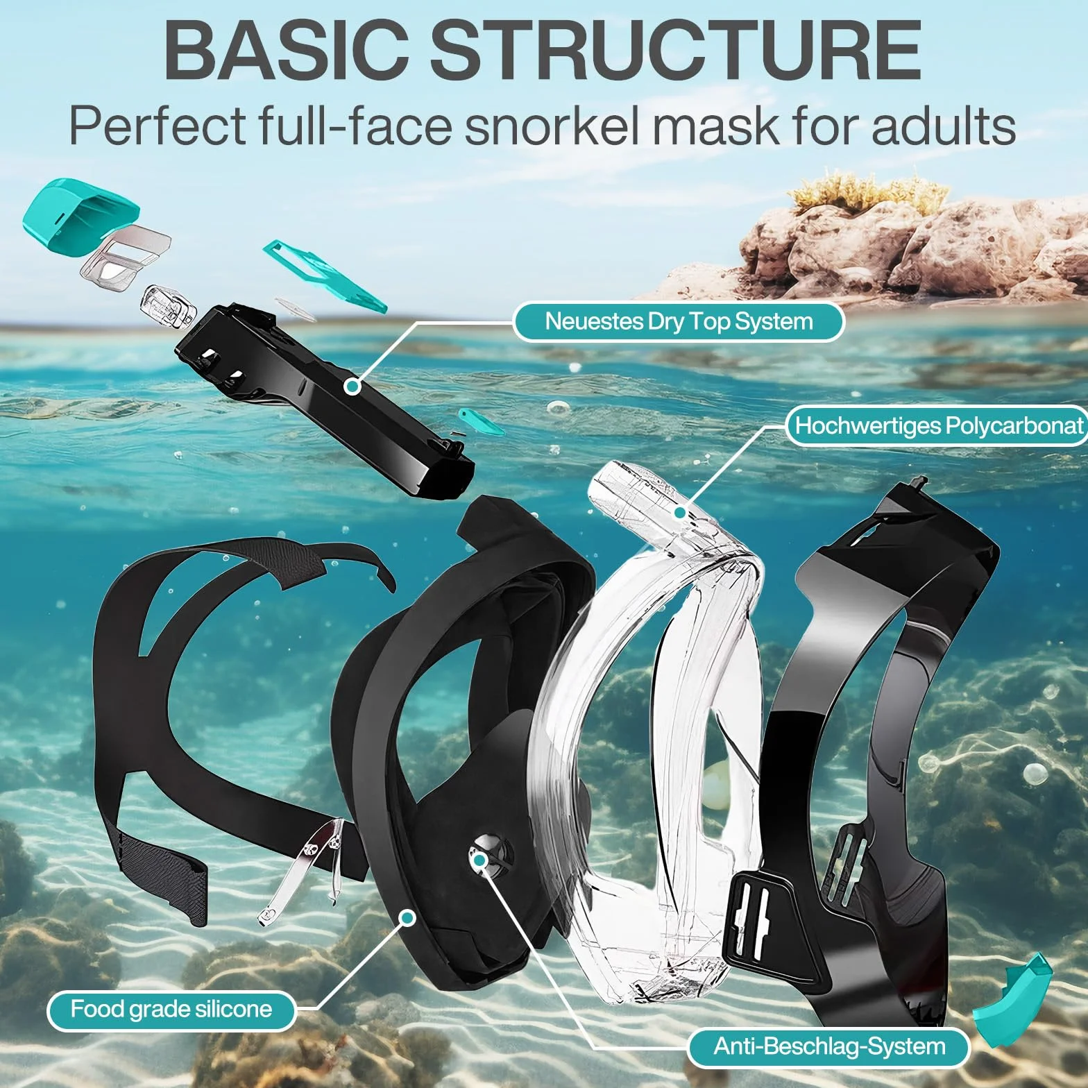 Maschera da Snorkeling Adulti L/XL Integrale 180° Pieno Facciale Antiappannante Easybreath