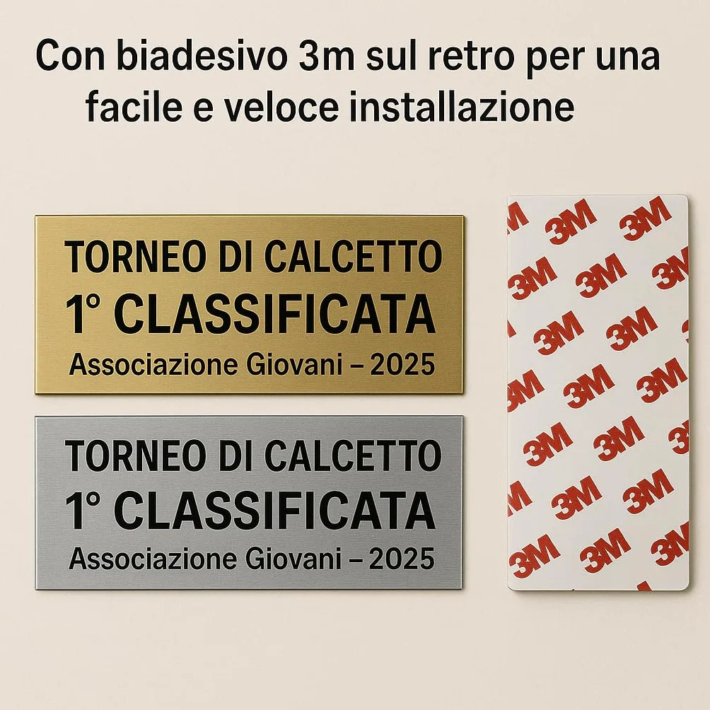 Targhetta per Trofei e Coppe in Laminato Plastico Oro o Argento incisa a Laser con Biadesivo 3M