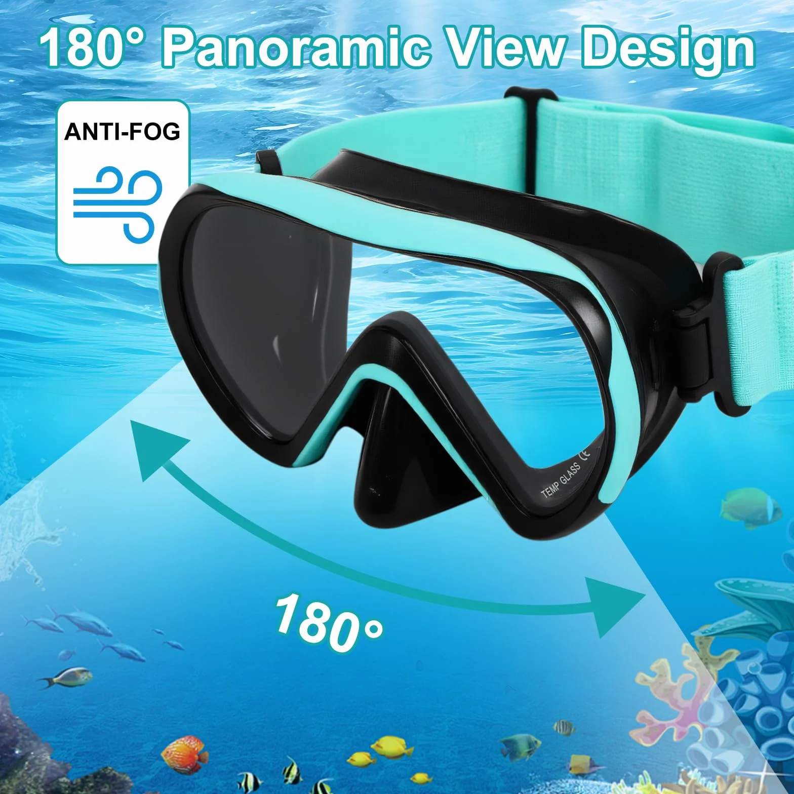 Maschera Immersione Bambini Cinturino Regolabile Morbido Tessuto Anti-Nebbia Anti-Perdite Panoramica 180°