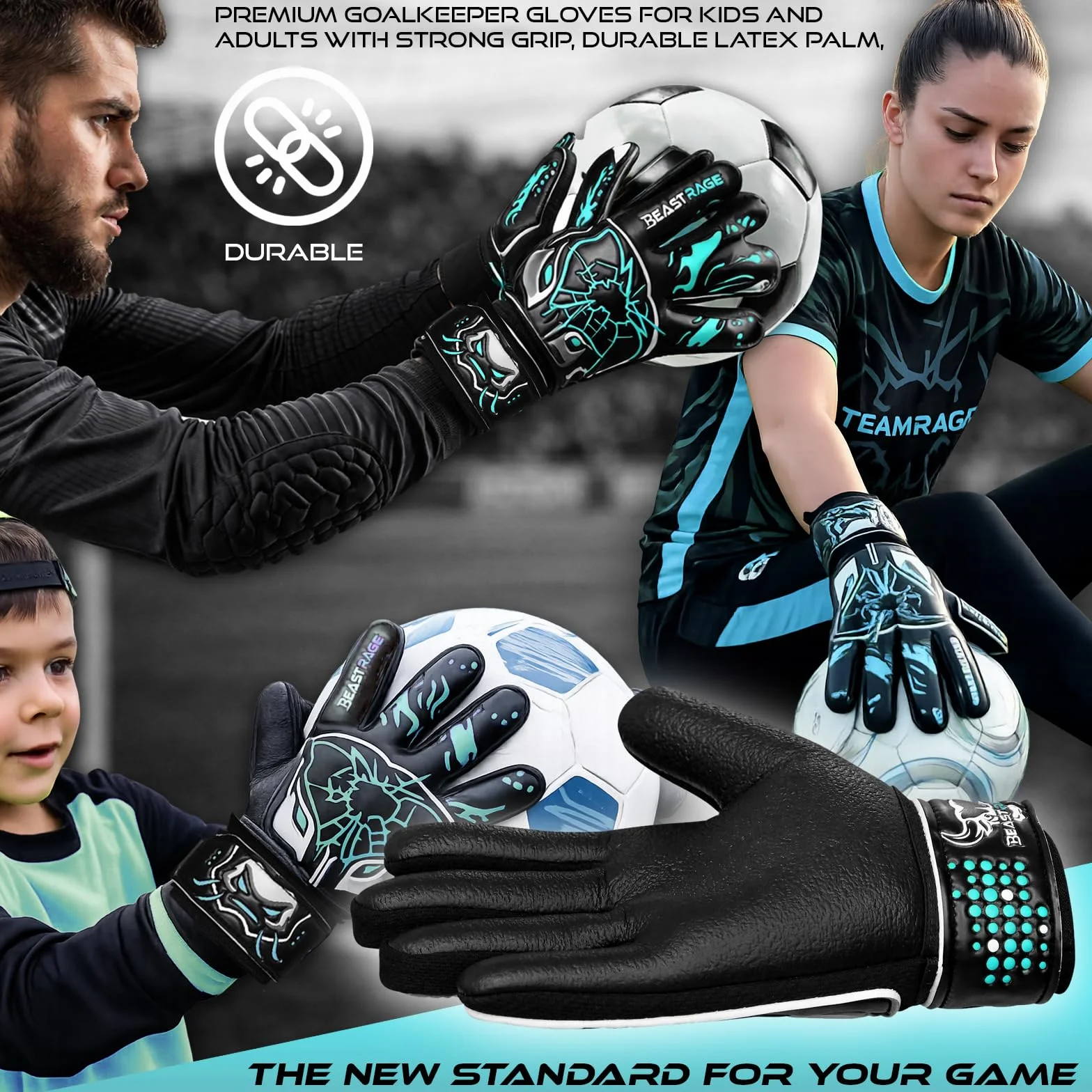 BEAST RAGE Guanti da portiere bambini lattice tedesco antiscivolo palmo laminato 3+4 mm dorso leggero cinturino regolabile