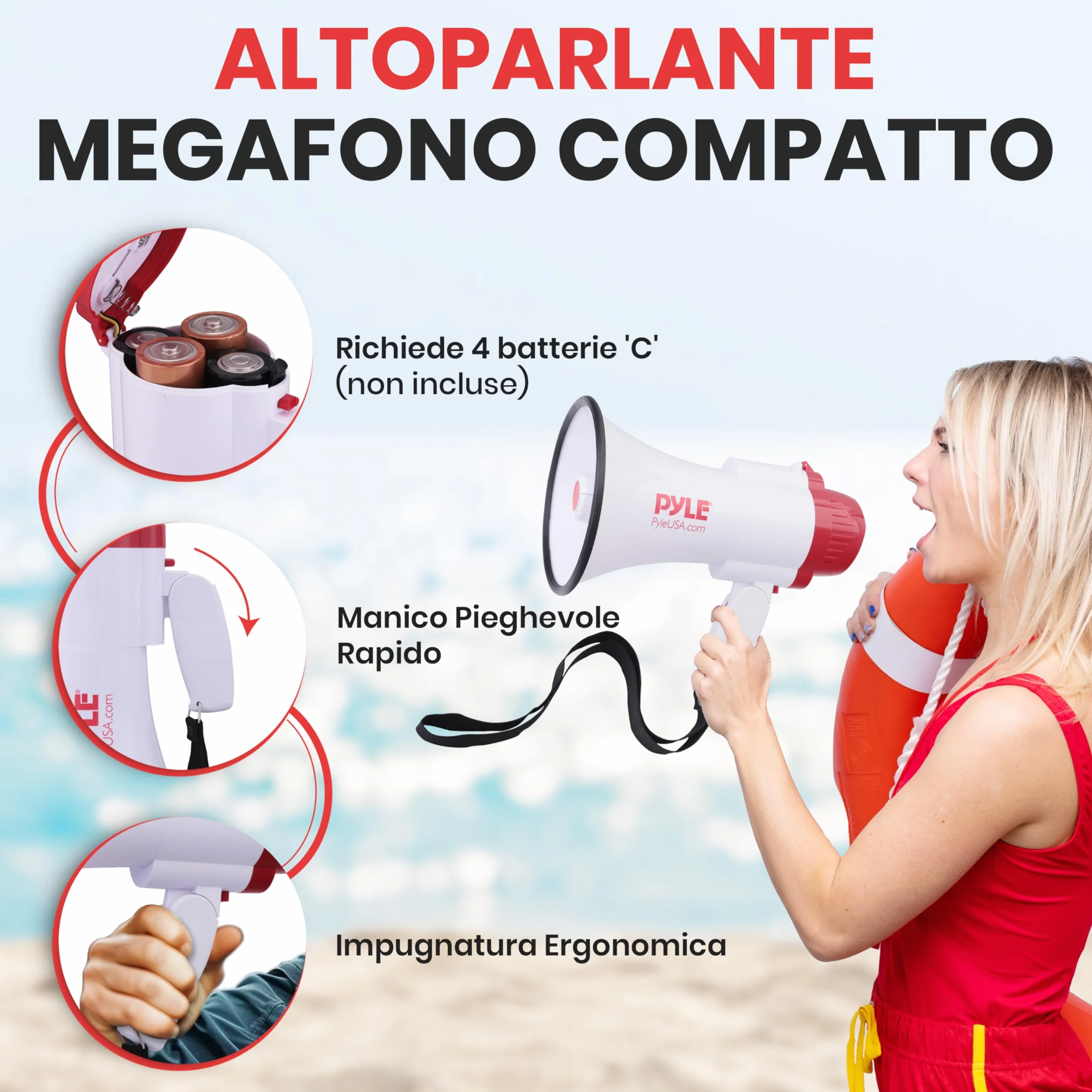 Pyle Megafono Portatile PA con Sirena Integrata, 30 Watt, 240 Metri