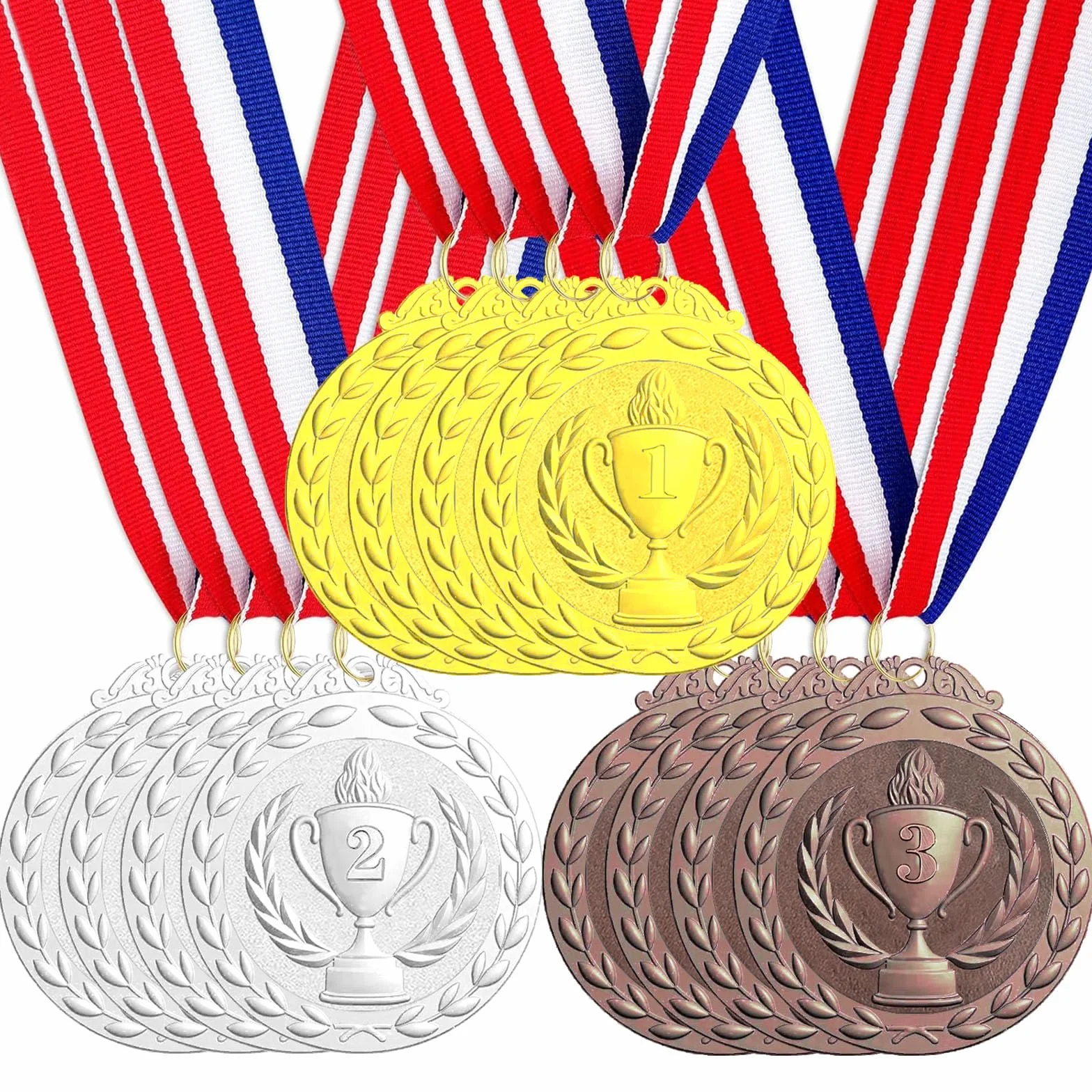 Medaglie in Metallo Oro Argento Bronzo per Bambini Vincitori Concorsi Feste Stile Olimpico con Collari, 12 Pezzi