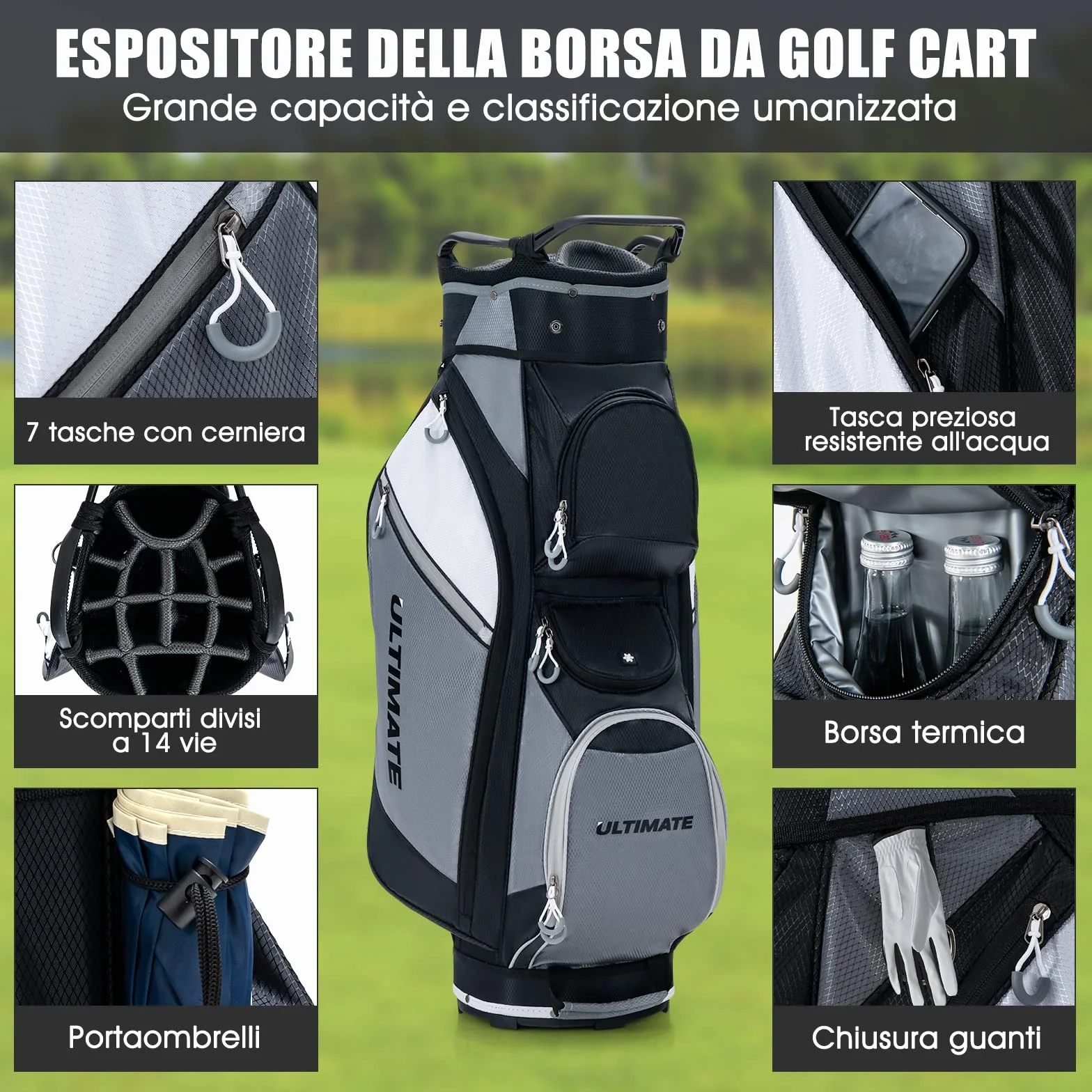 COSTWAY Borsa da Golf con 14 Divisori, Sacca per Mazze da Golf con Borsa Termica, Cappuccio Impermeabile, Maniglie e Tracolla, Ideale per Uomini e Donne, Nero e Grigio