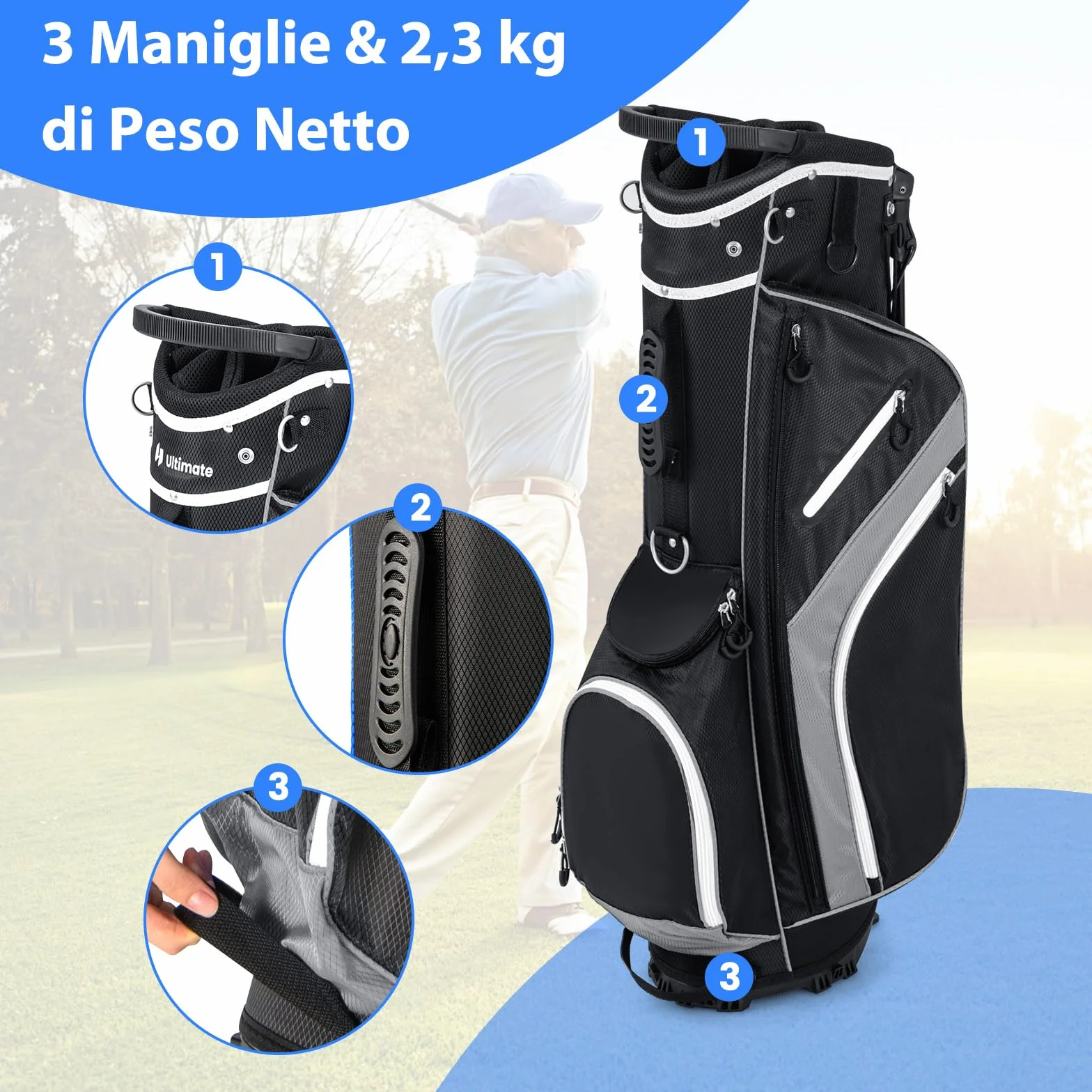COSTWAY Sacca per Mazze da Golf, Borsa da Golf con Supporto, Divisori a 14 Vie, 6 Tasche, Borsa Frigo, Doppia Tracolla e Cappuccio Antipioggia, Ideale per Uomini e Donne