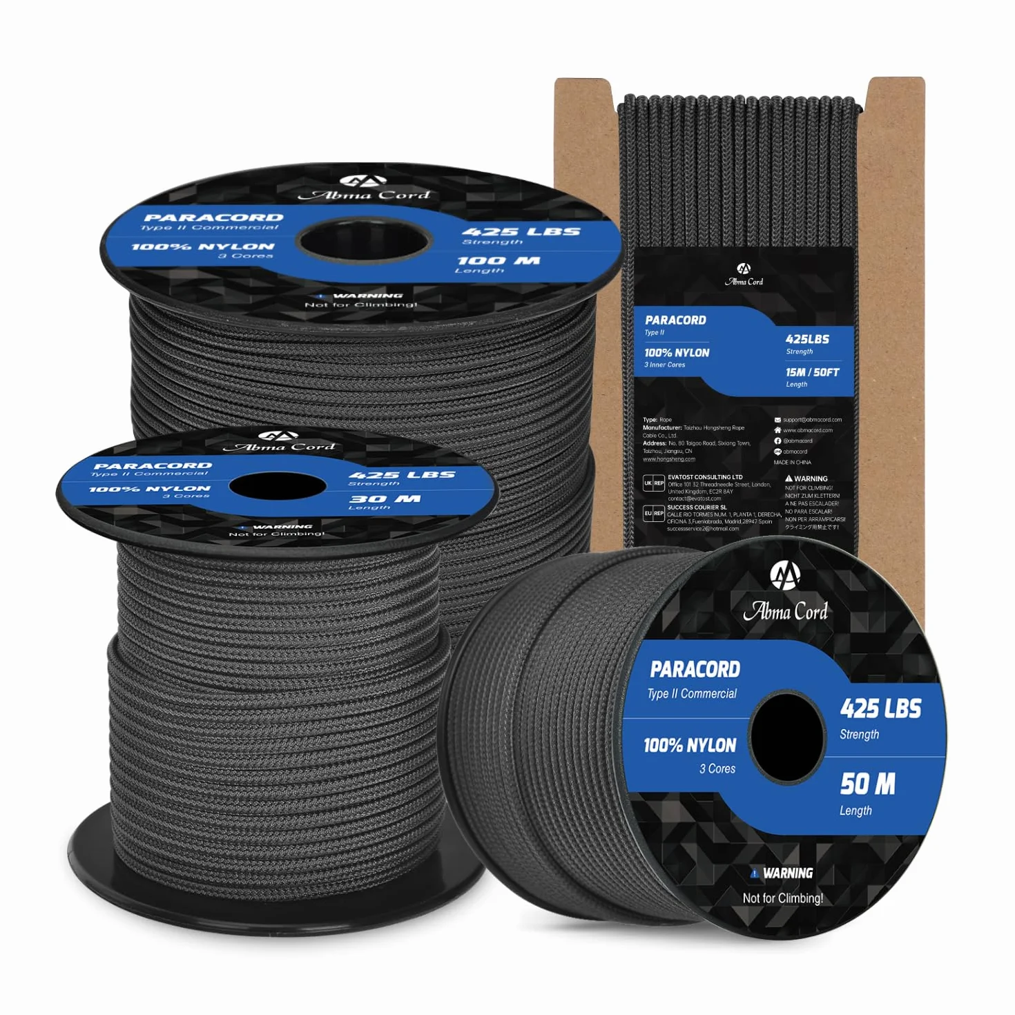Abma Cord Paracord 3mm 100% Nylon 15m Tipo II 3 Fili Max 192 kg Nero